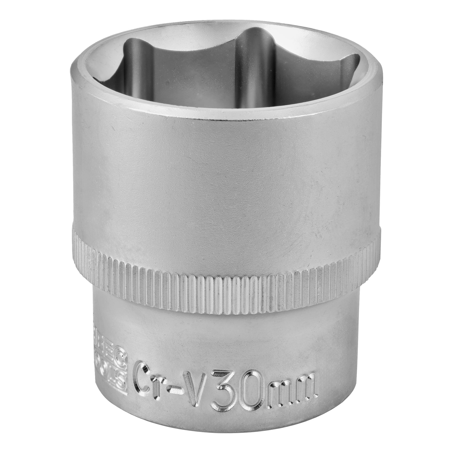 En silverfärgad 30 mm hylsa tillverkad av kromvanadiumstål, med ett räfflat band runt mitten och graverad märkning på sidan.