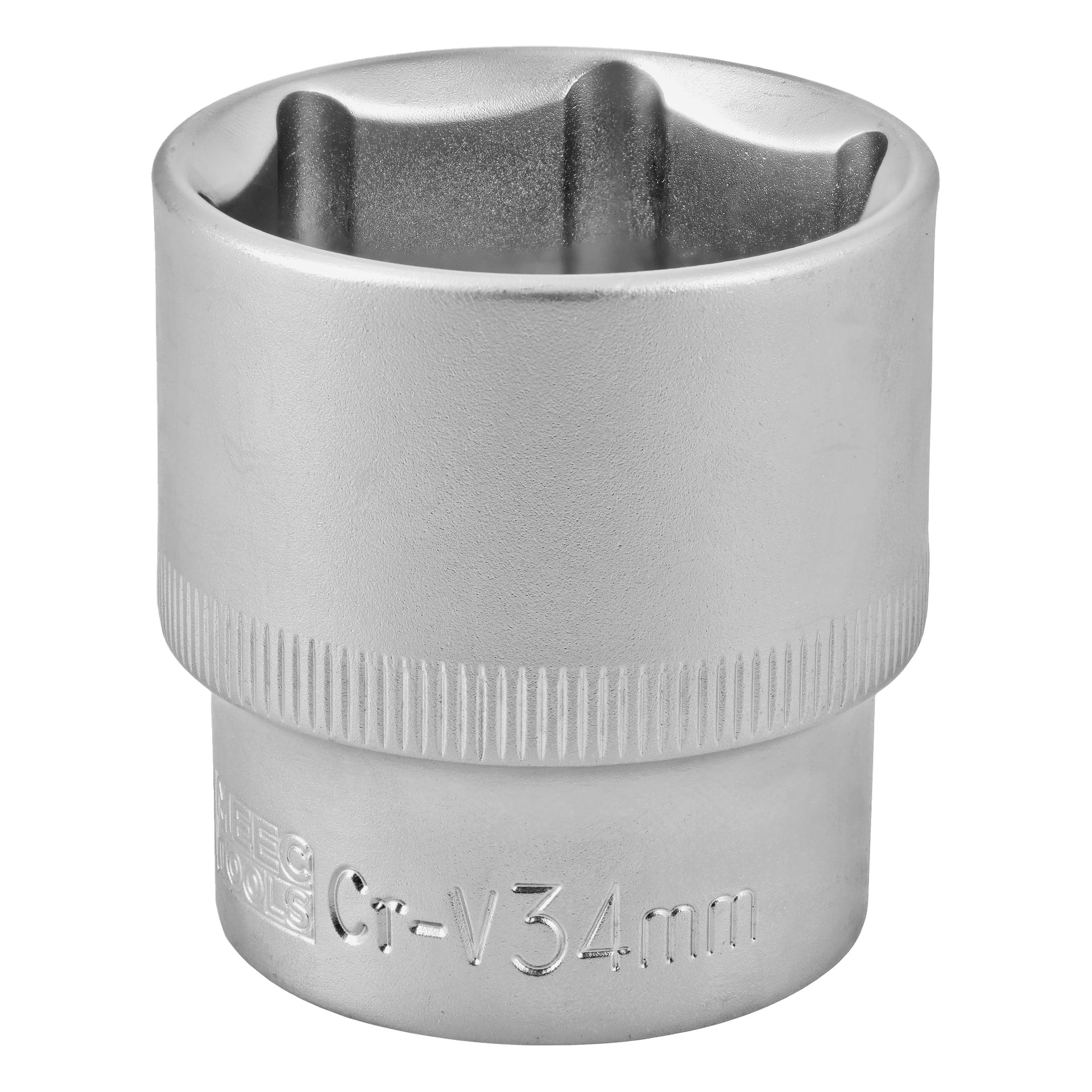 Närbild på ett 34 mm hylsverktyg i krom vanadin med räfflat grepp och graverad text som visar storlek och material.