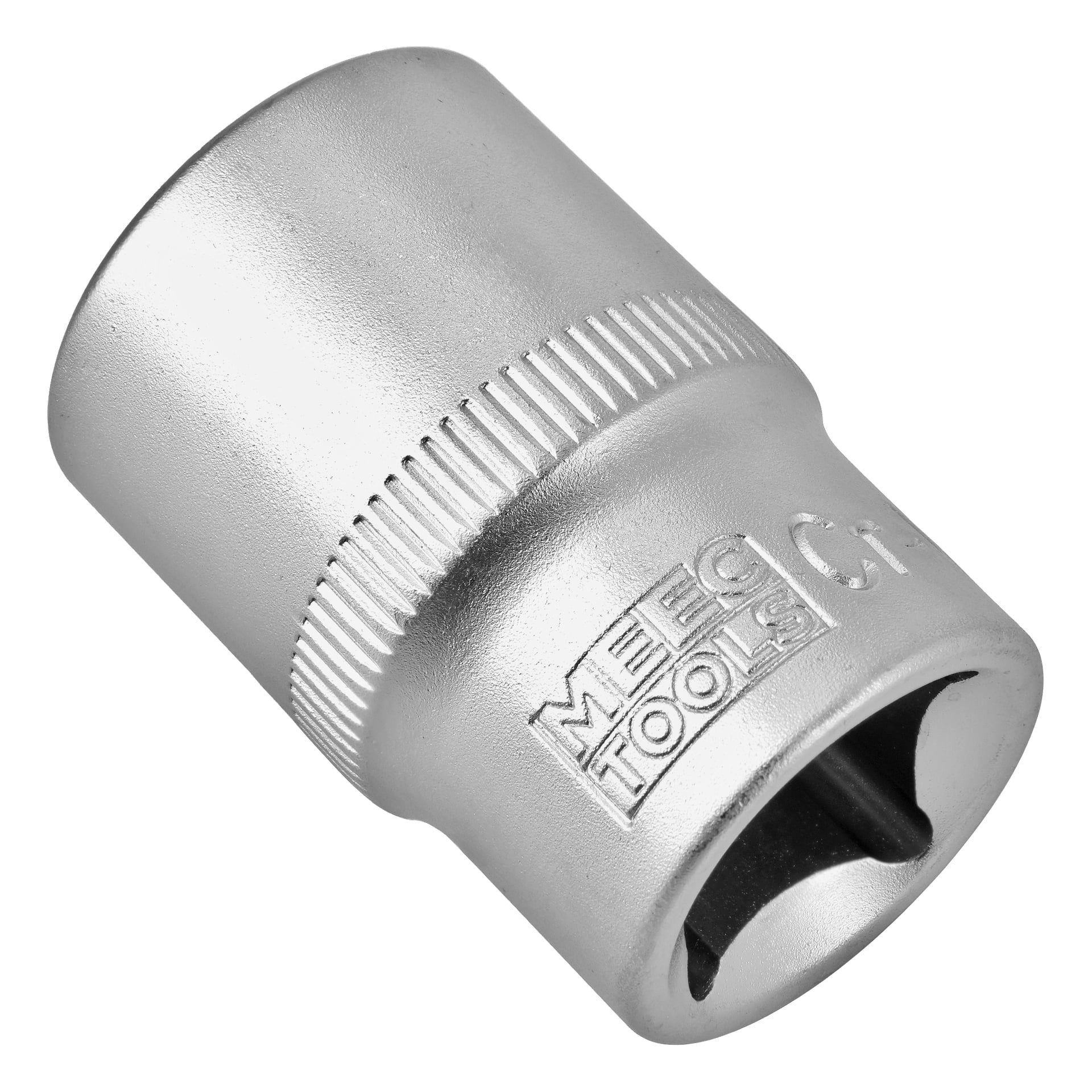 Närbild på en silverfärgad Meec Tools hylsa med räfflat grepp och graverat märkesnamn. Hylsan har en sexkantig öppning för användning med kompatibla fästelement.