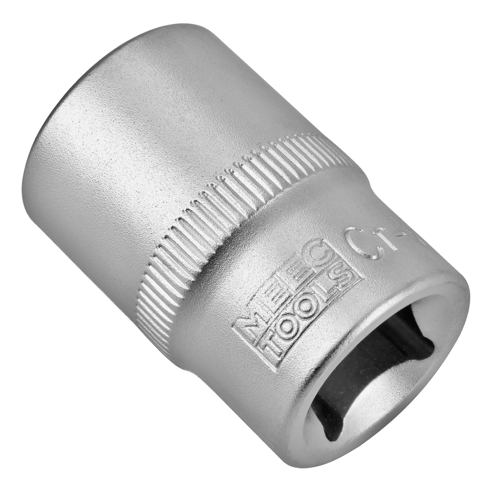 Närbild av ett hylsverktyg av metall med räfflat grepp och texten "MEEG TOOLS" ingraverad på sidan.