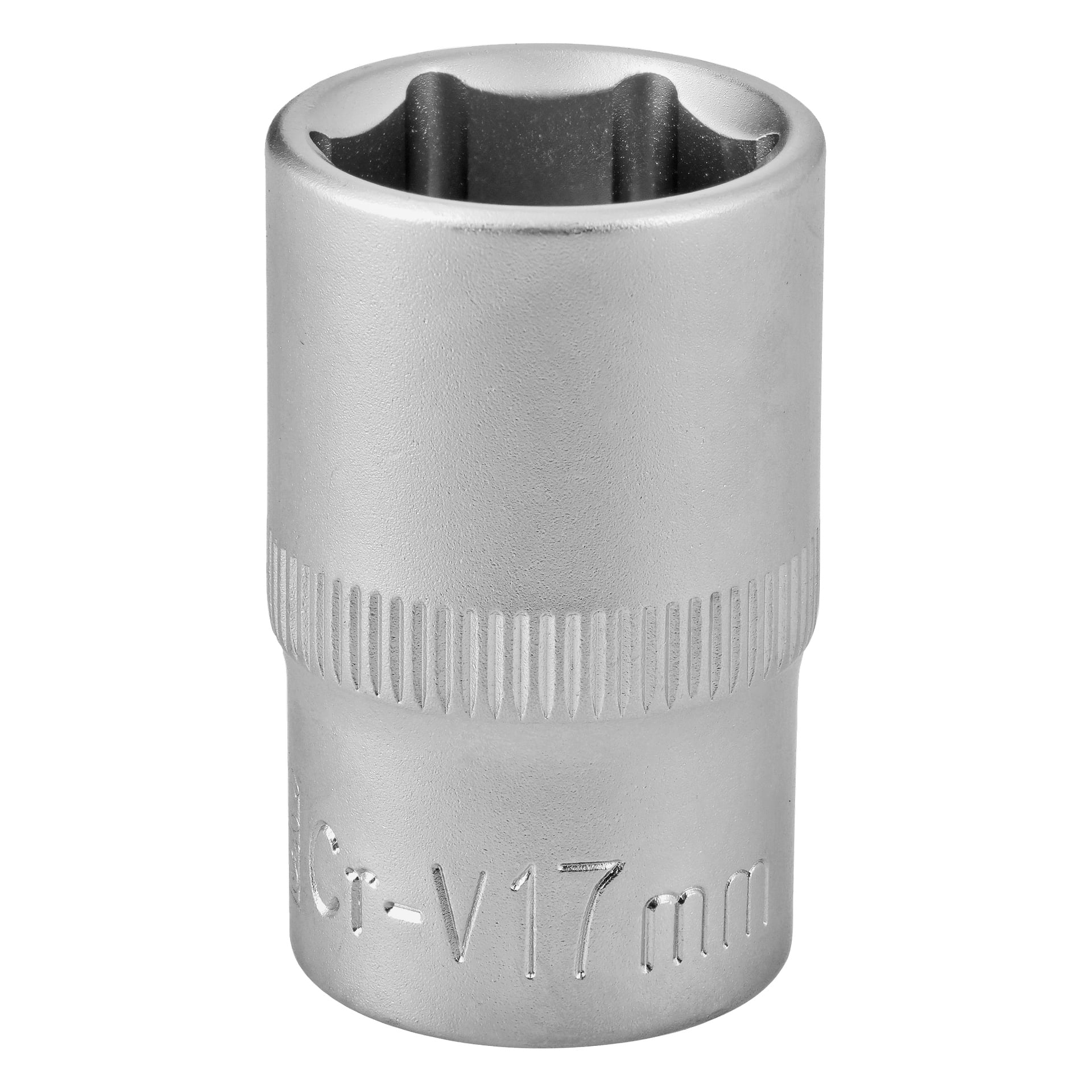En 17 mm hylsa av kromvanadin med sexkantig öppning och räfflade sidor för grepp, märkt Cr-V 17 mm nära basen.