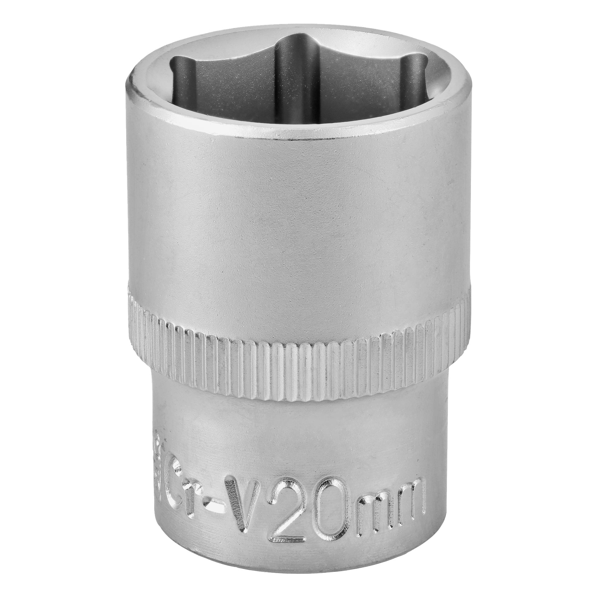En silvermetallisk 20 mm hylsa med sexkantig öppning och räfflat grepp, som vanligtvis används med en spärr- eller skiftnyckel för att vrida bultar eller muttrar. Uttaget är märkt Cr-V 20mm på sidan.