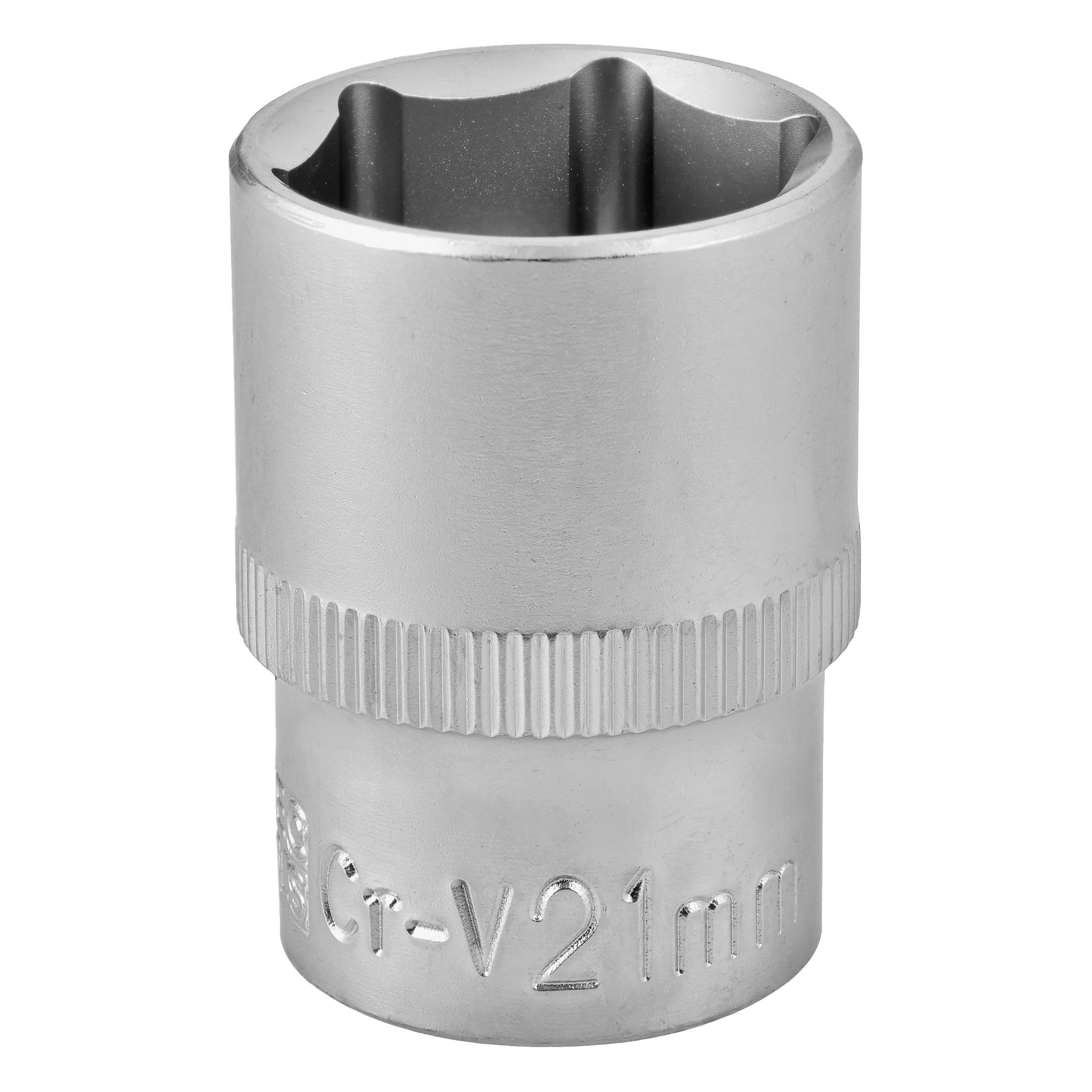 Närbild på en 21 mm hylsa av krom-vanadinium med sexpunktsöppning och ett räfflat band runt mitten för grepp. Storlek och material, "Cr-V 21mm", är ingraverat på sidan.