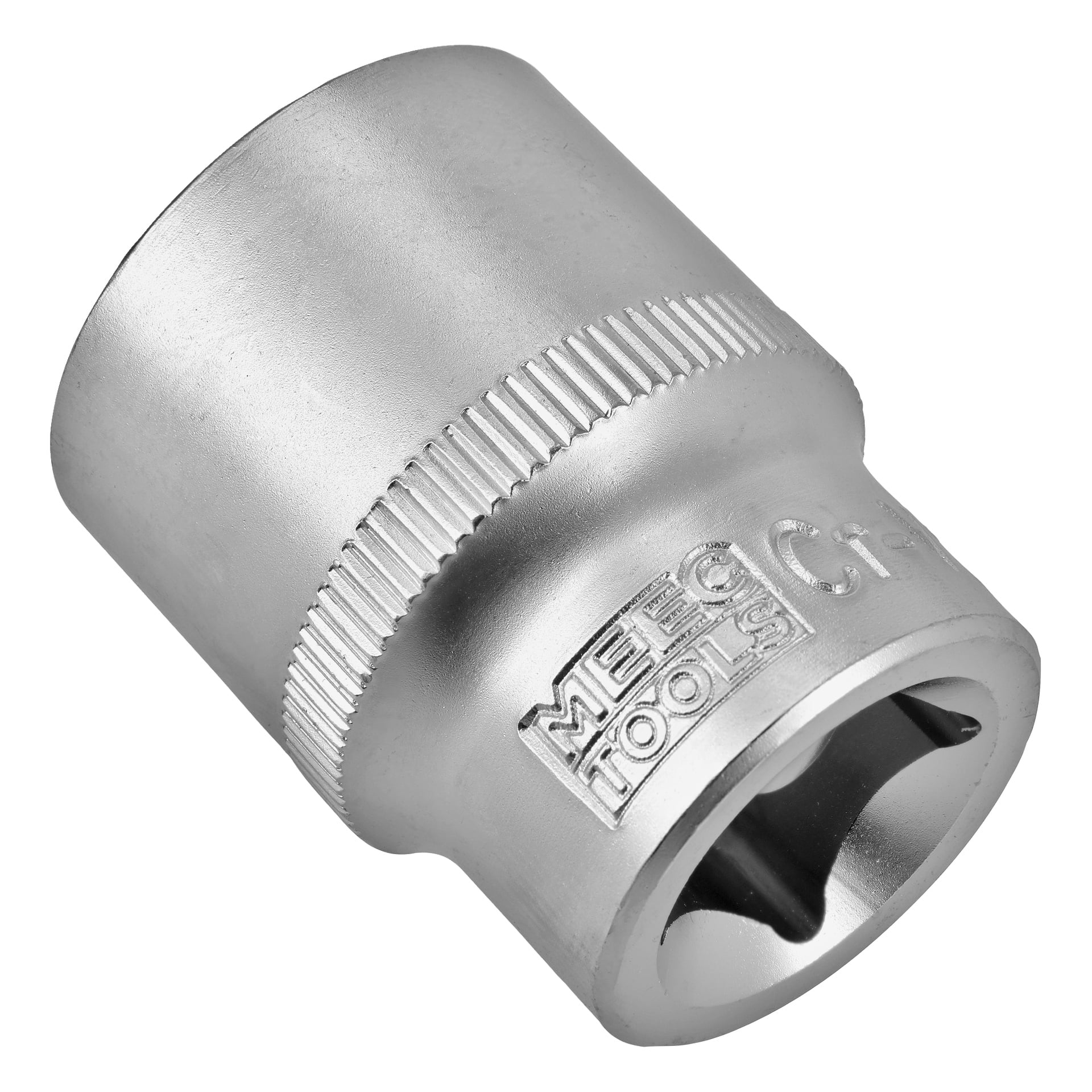 Närbild på ett hylsverktyg i silverfärgad metall med MEE TOOLS ingraverat på sidan. Hylsan har ett räfflat grepp och en stjärnformad öppning för användning med en kompatibel bult eller mutter.