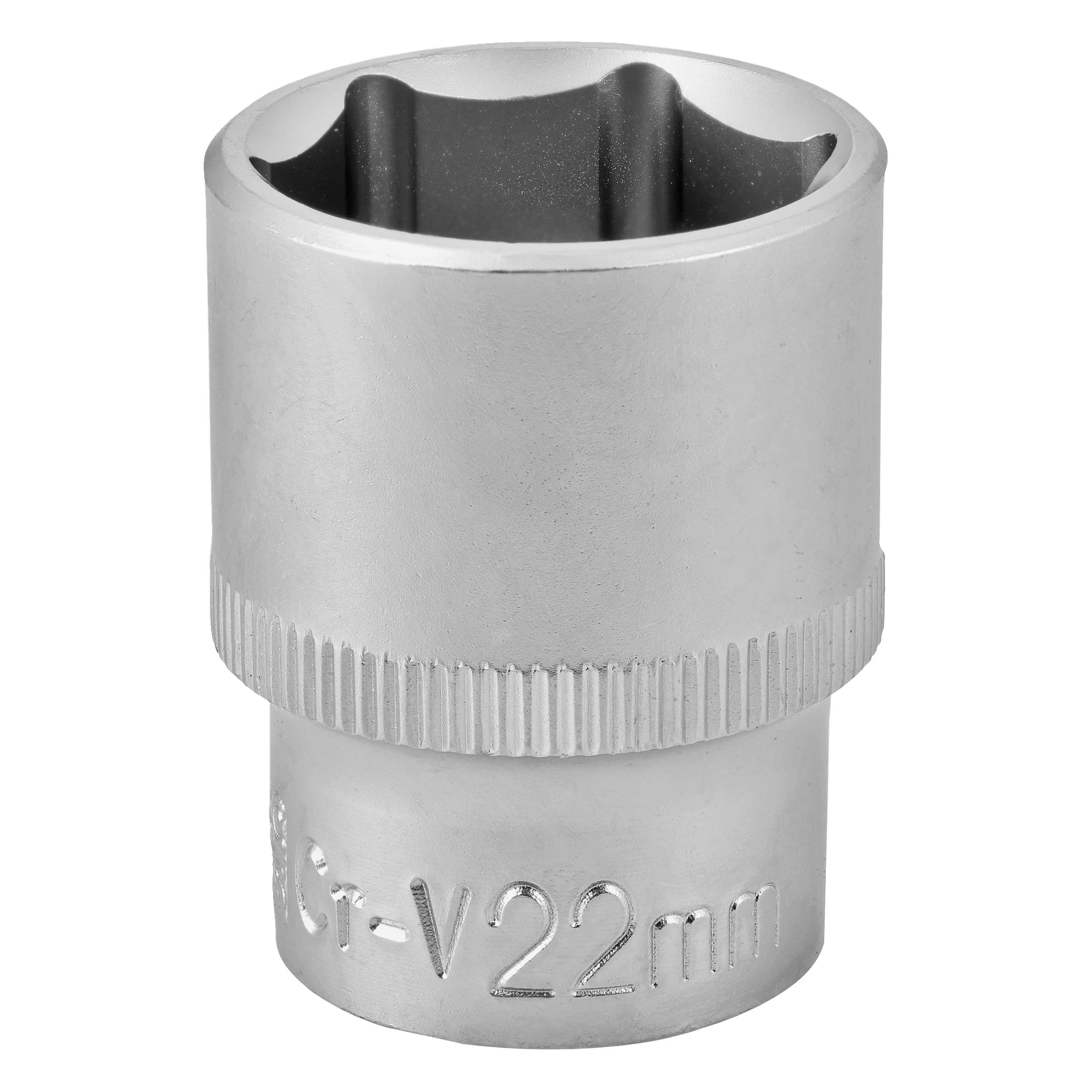 En silverfärgad 22 mm Cr-V hylsa med sex punkter invändigt och räfflad kant för grepp, används för att dra åt eller lossa muttrar och skruvar med en kompatibel spärr- eller skiftnyckel.