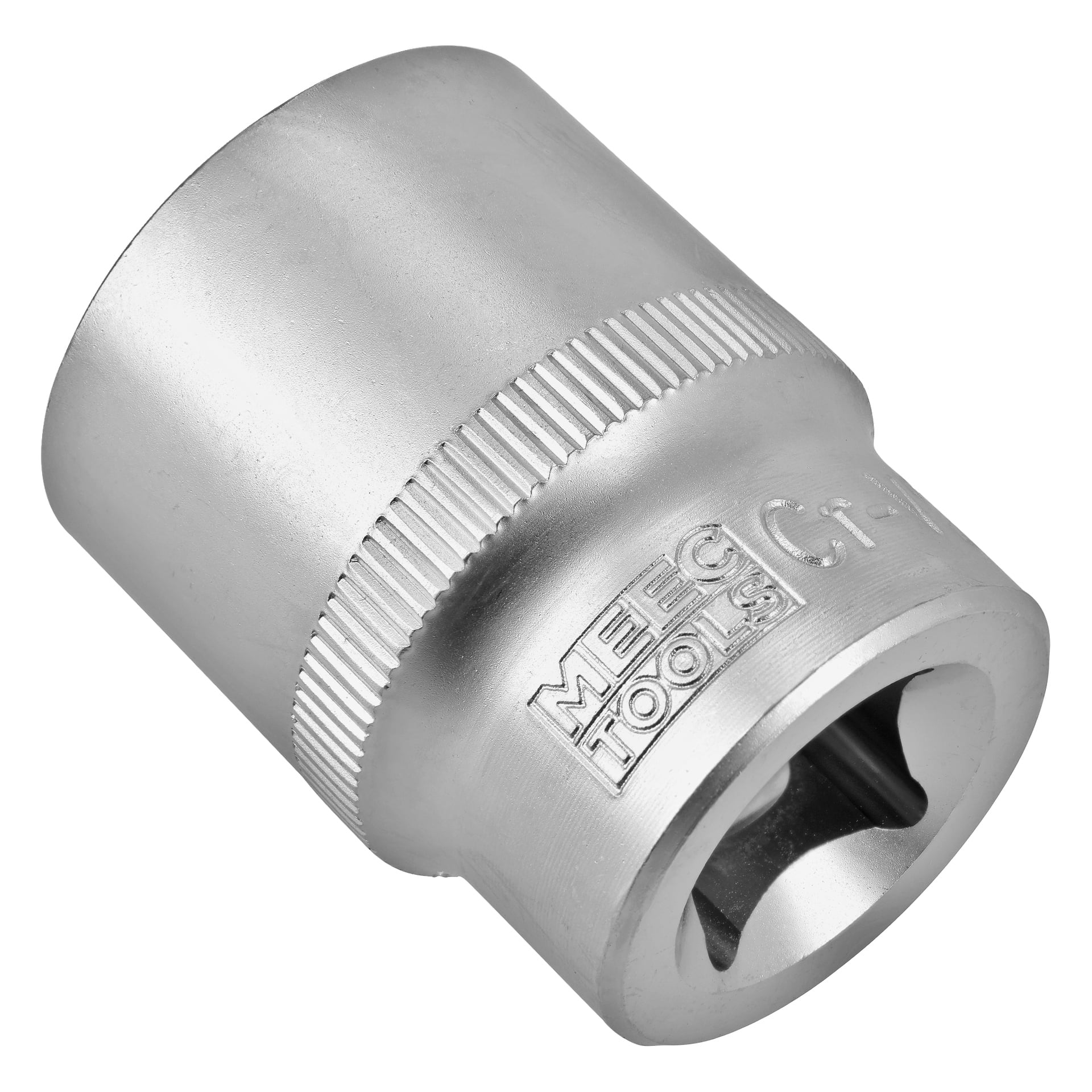 Närbild på ett hylsnyckeltillbehör av metall med varumärket MEEG TOOLS och storleksangivelser ingraverade på sidan. Verktyget har en cylindrisk form med en räfflad greppsektion.