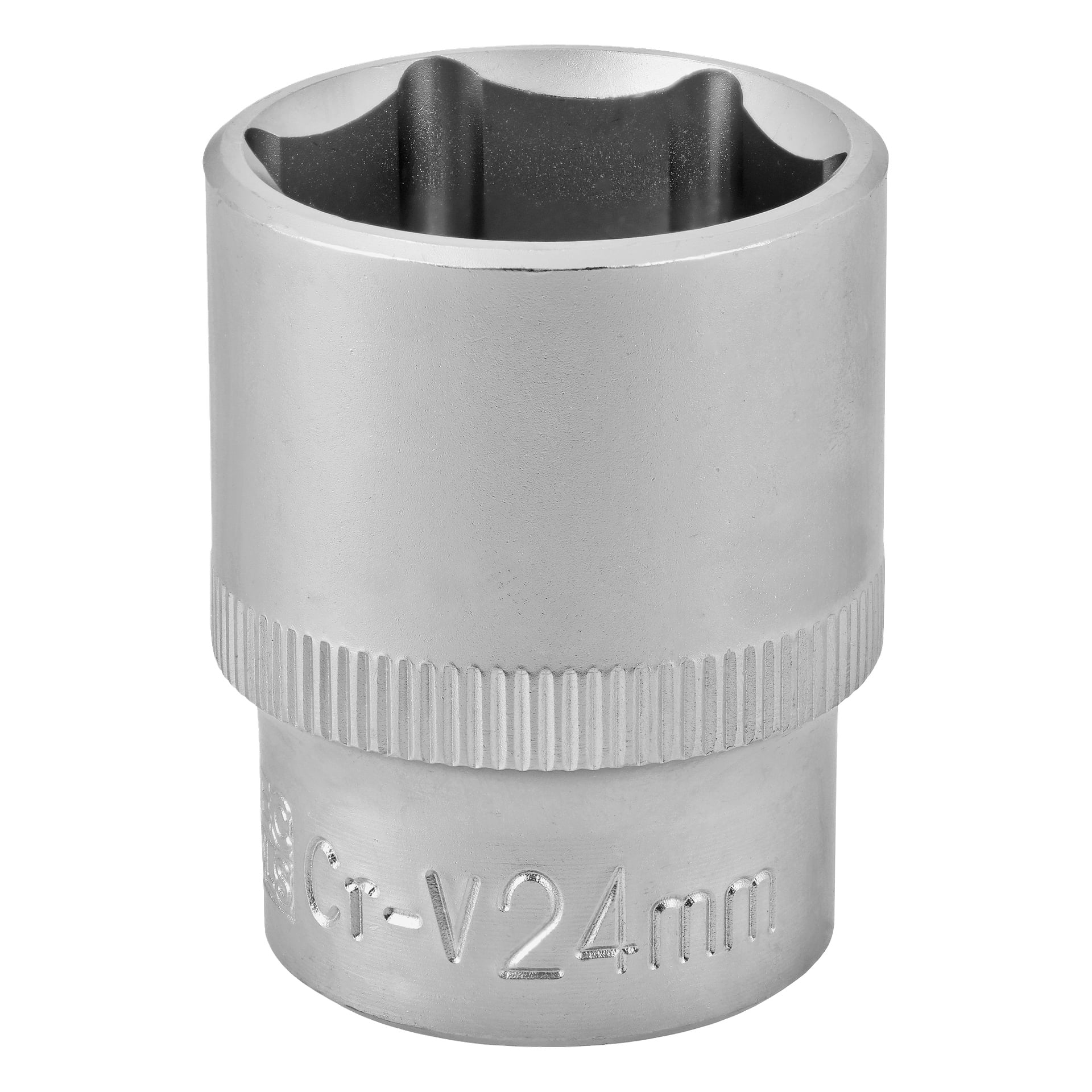 Ett hylsnyckelhuvud av metall märkt Cr-V 24mm med räfflat grepp och en sexkantig öppning upptill.