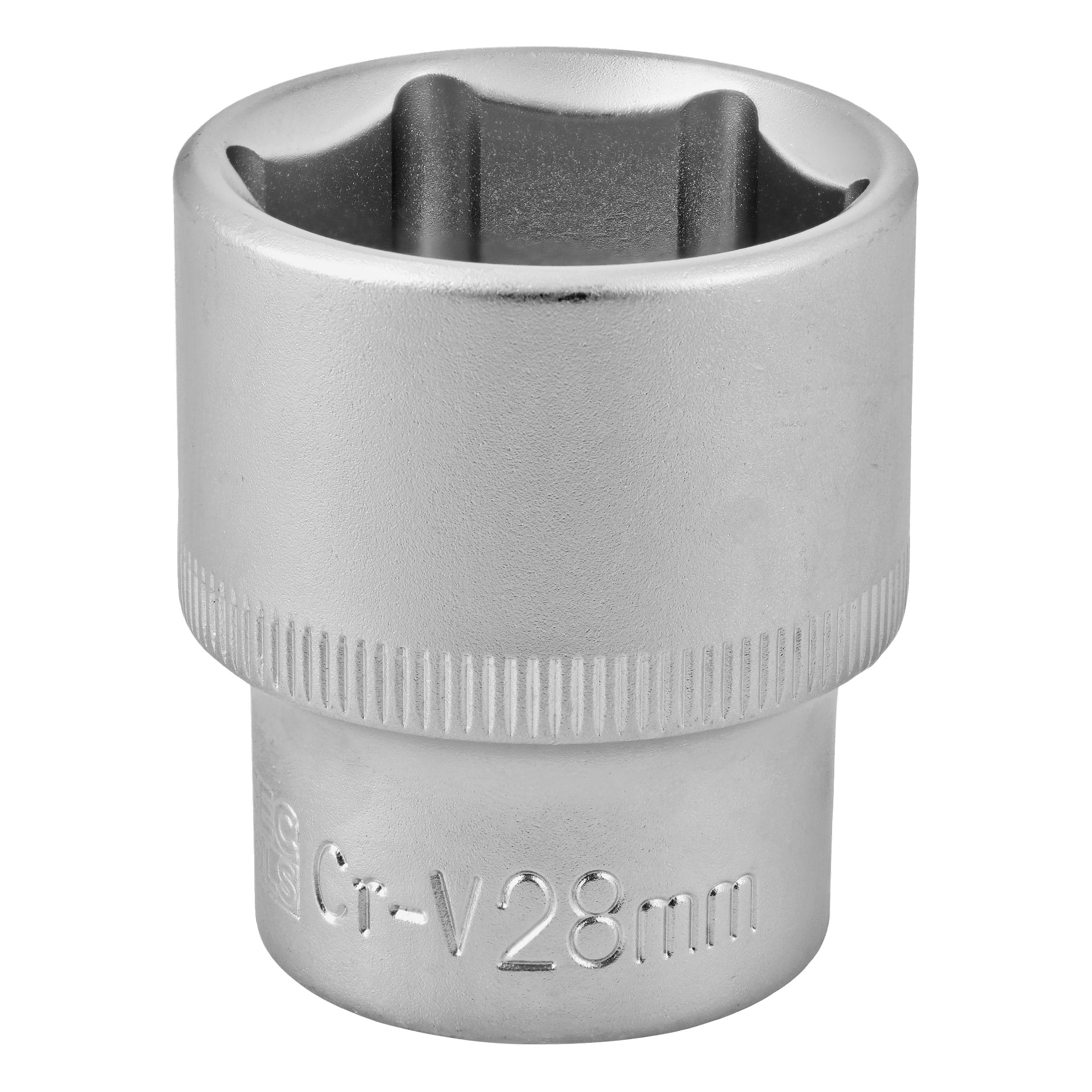 Närbild på en 28 mm hylsa av kromvanadin med Cr-V28mm ingraverat på sidan, avsedd att användas med en spärr- eller hylsnyckel.