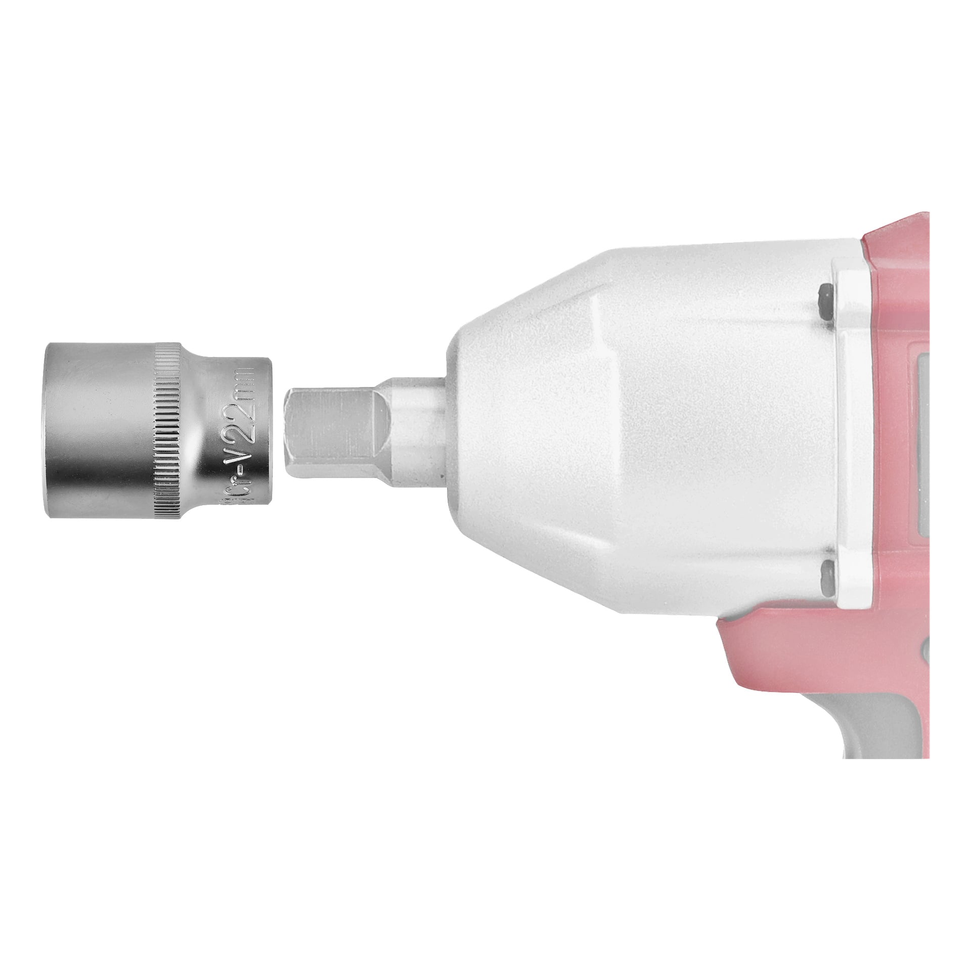 Närbild av den främre delen av en sladdlös mutterdragare med 22 mm hylsfäste, som visar en del av verktygets vita och rosa kropp.