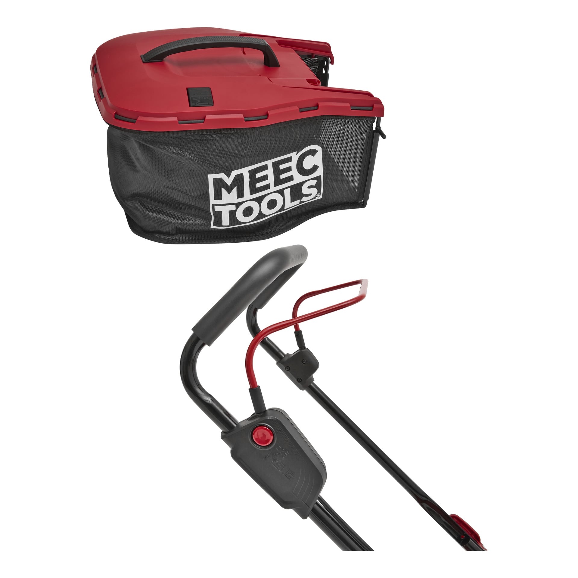Närbild av ett gräsklipparhandtag med en röd säkerhetsspak och en löstagbar svart gräsuppsamlingspåse märkt MEEC TOOLS mot en vit bakgrund.