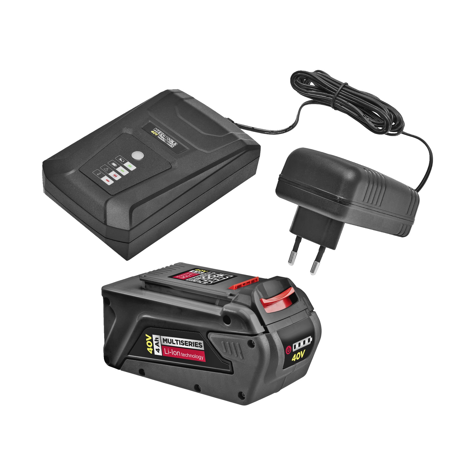 Ett svart 40V MULTISERIES Li-Ion-batteri, en laddningsadapter med europeisk kontakt och en batteriladdare visas mot en vit bakgrund.