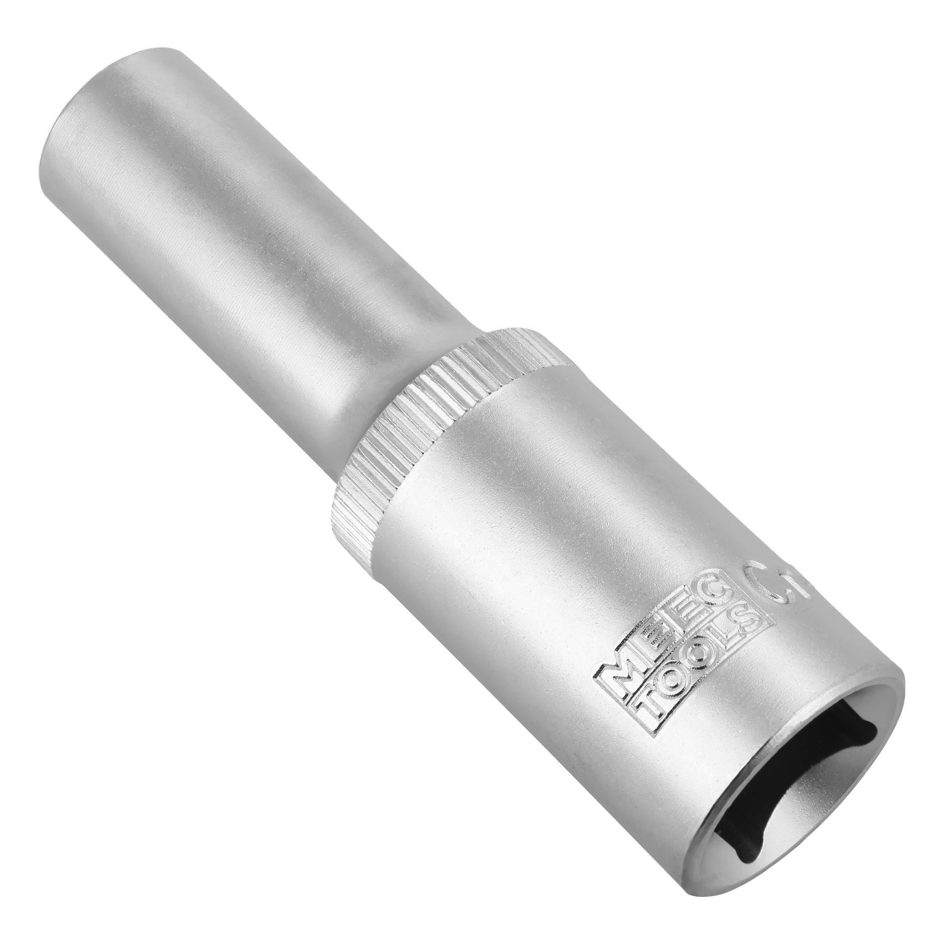 Ett silverfärgat, cylindriskt djuphylsverktyg med räfflat grepp och graverat MEC TOOLS-märke, avsett att användas med en hylsnyckel.