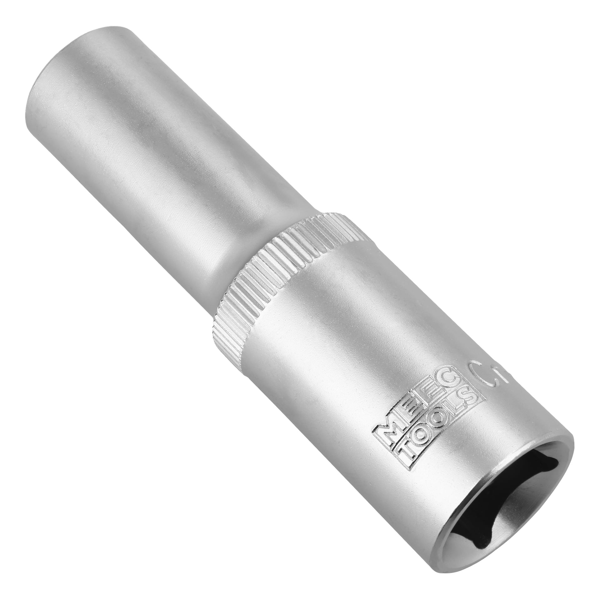 En cylindrisk tändstiftshylsa i silver med räfflat grepp och texten MEGG TOOLS ingraverad på sidan, mot en vit bakgrund.