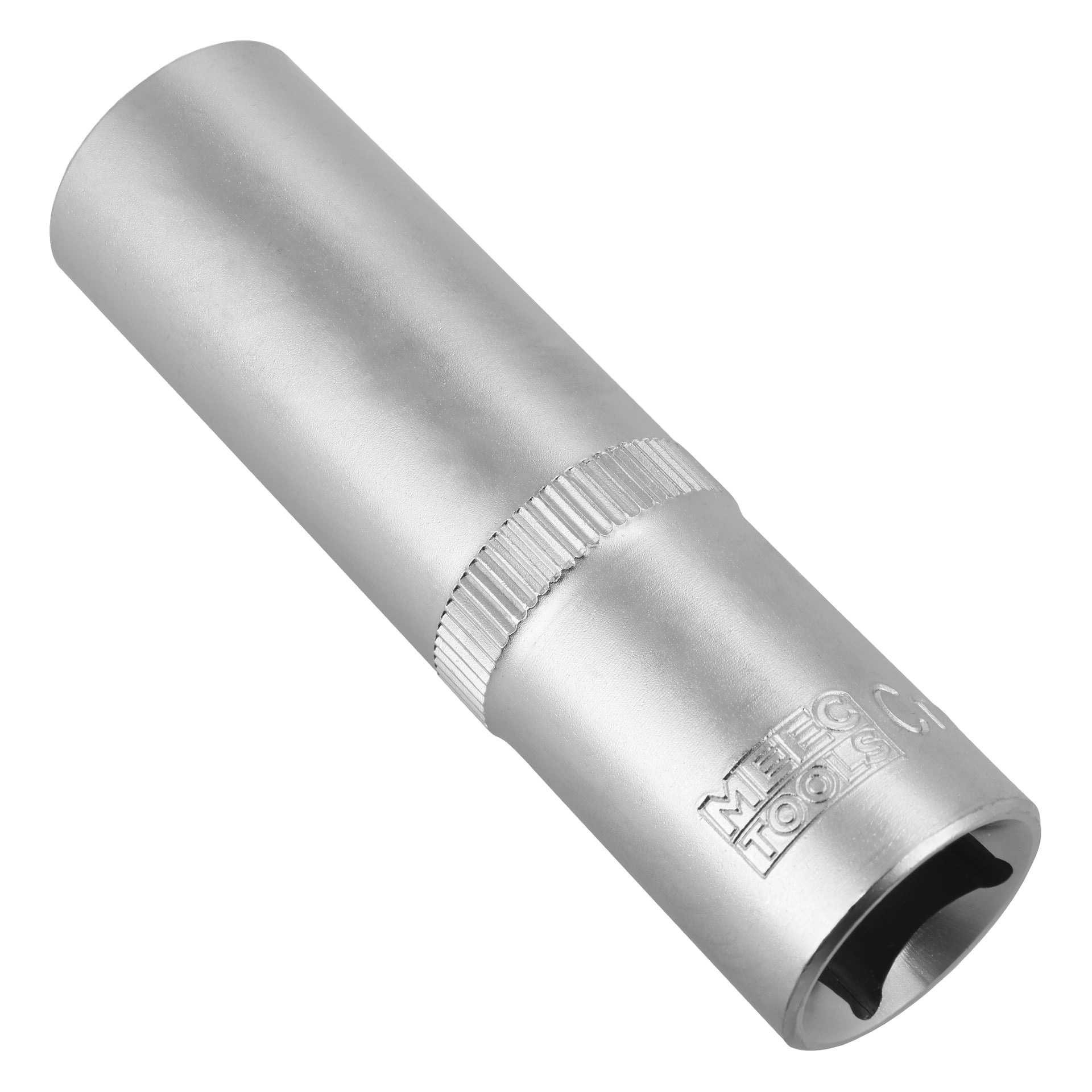 Ett djupt insexverktyg i silver med räfflat grepp och sexkantig öppning, graverat med "MEG TOOLS" och "C" nära basen.