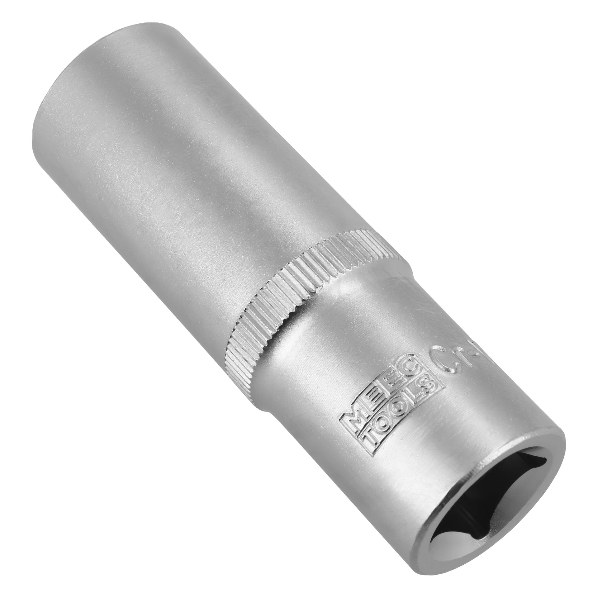 Cylindriskt djuphylsverktyg i silver med räfflat grepp och fyrkantig öppning, graverat med märket MEIG TOOLS och storleksangivelser.