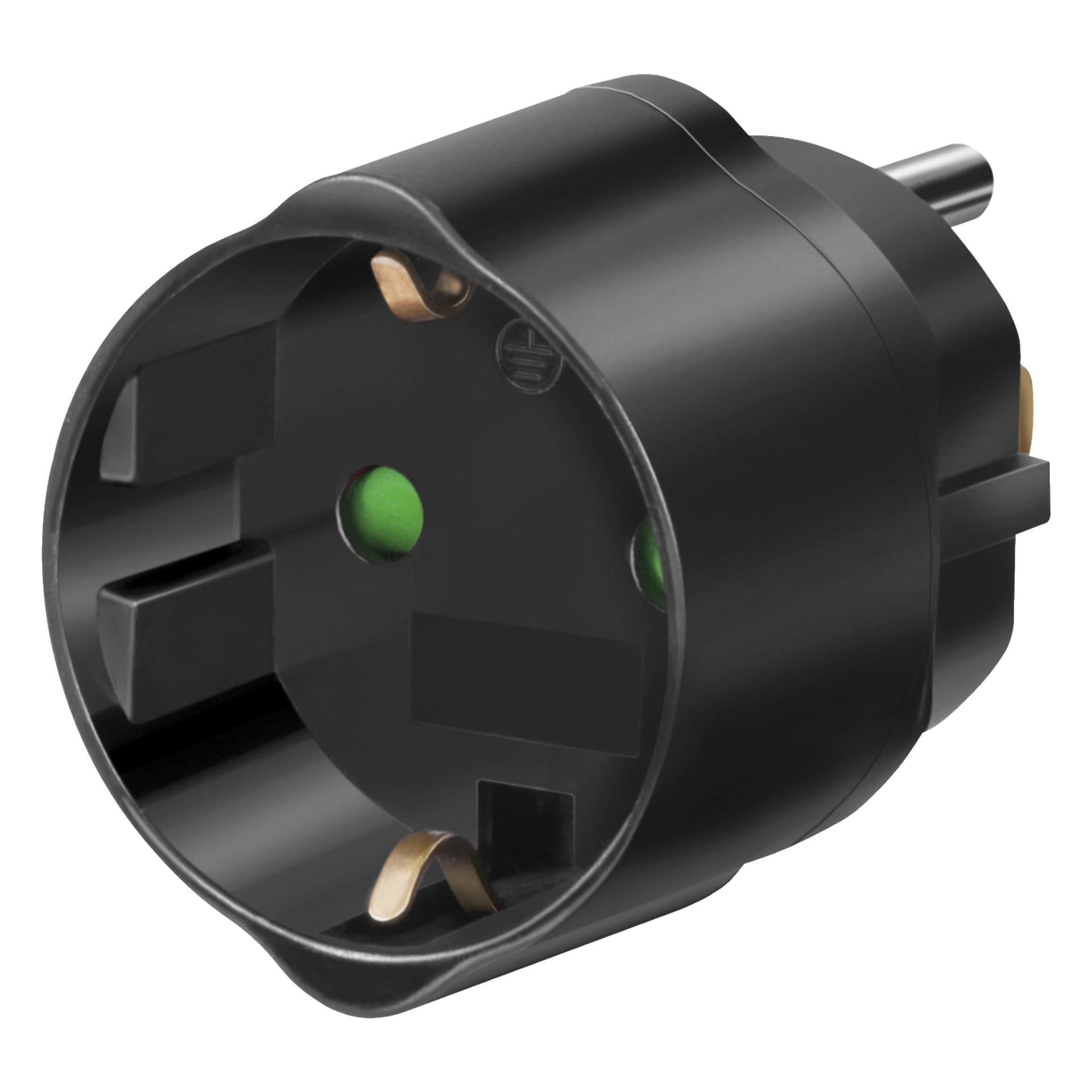 En närbild av Brennenstuhl Travel-adaptern USA/Japan, med ett svart plasthölje, två runda stift och två gröna jordningshål avsedda för användning med europeiska eluttag.