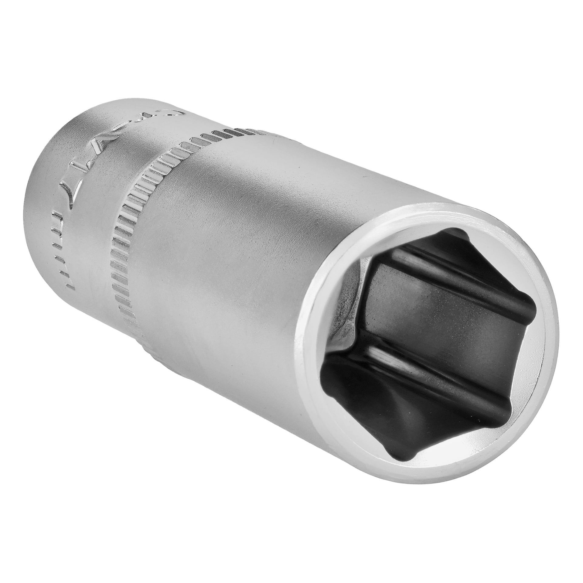 En närbild av [Produktnamn], ett hylsnyckeltillbehör i metall med en sexkantig invändig öppning, mot en vit bakgrund.