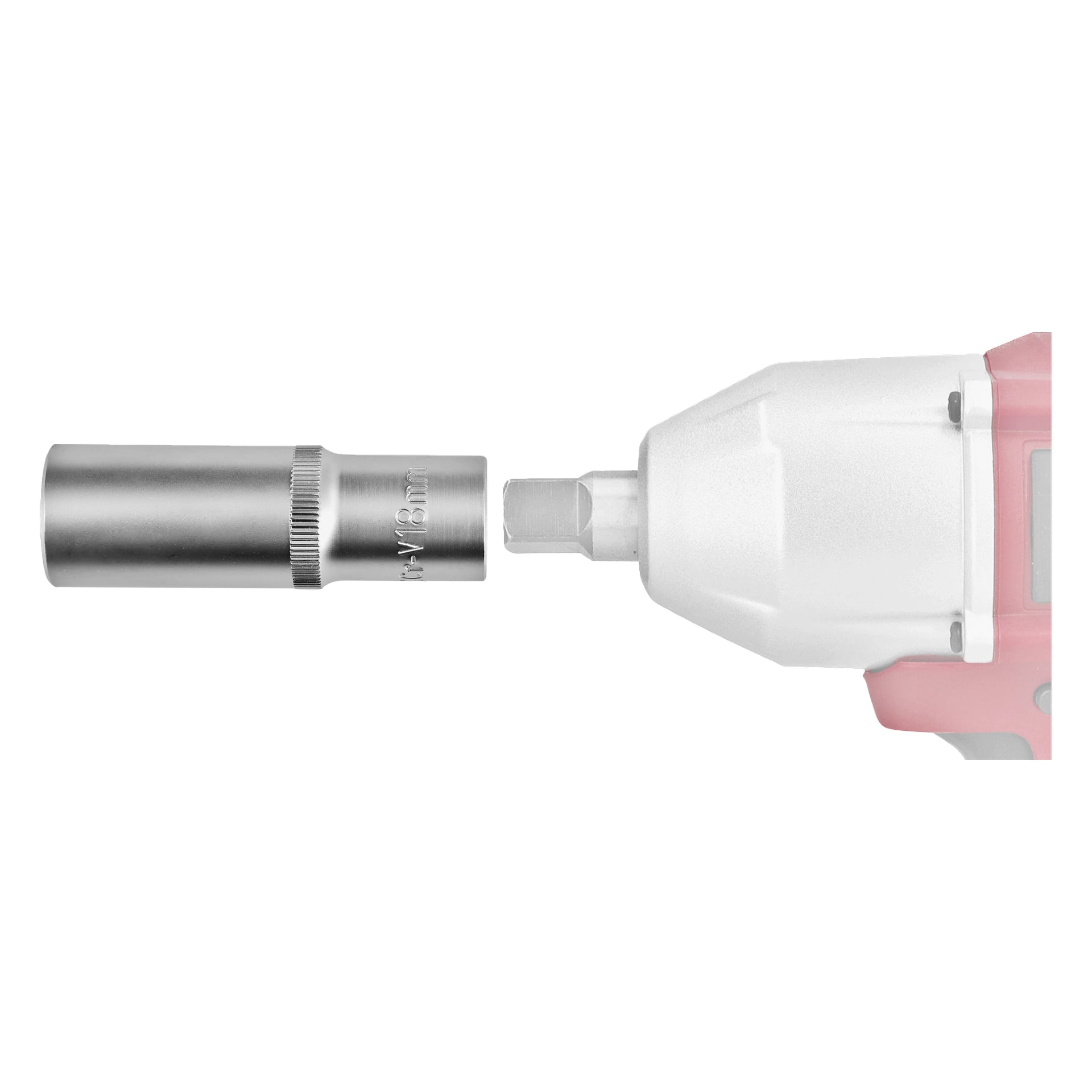 Närbild av 18 mm hylsfäste från [Produktnamn], anslutet till ett elverktyg, mot en vit bakgrund.