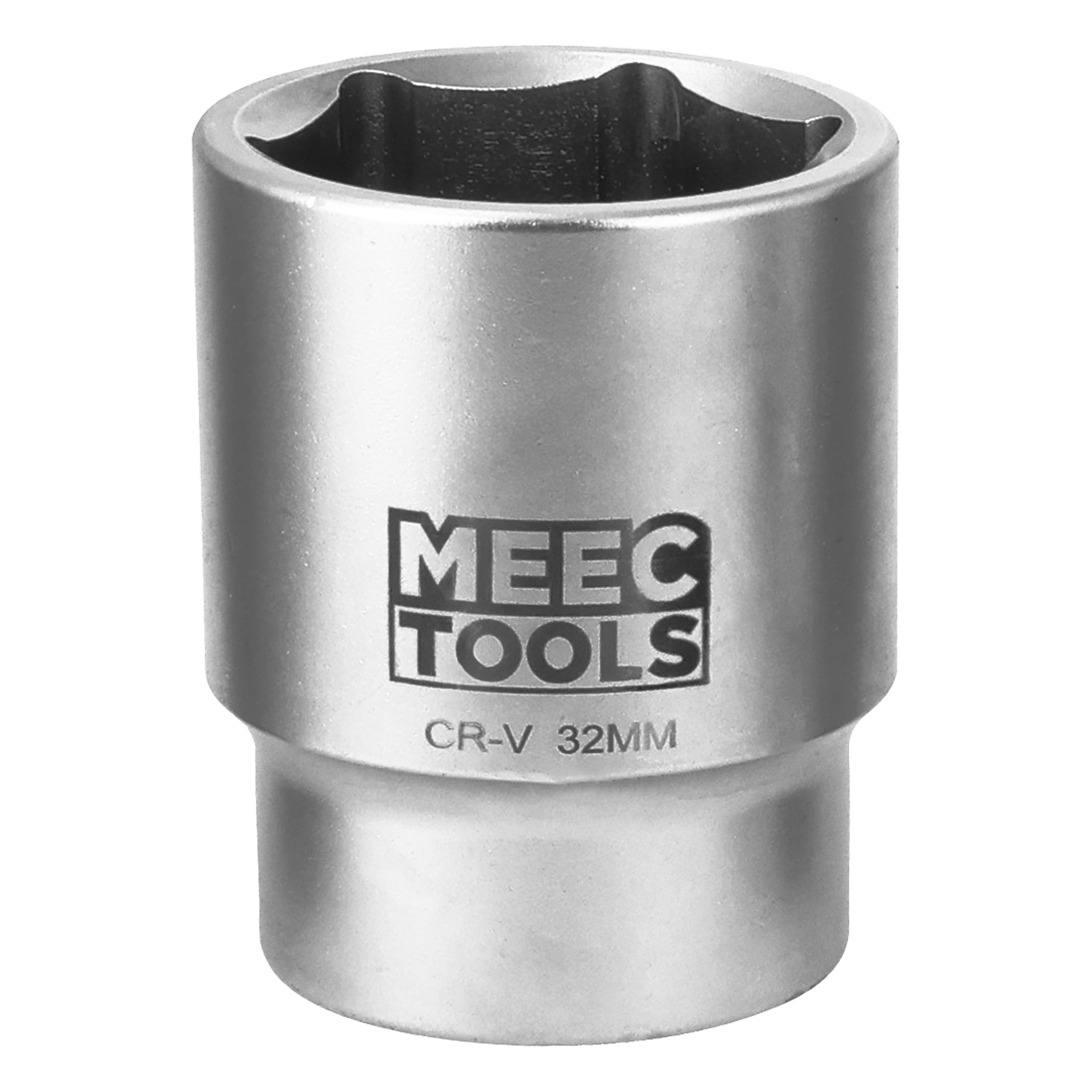 Ett silverfärgat Meec Tools-hylsa märkt CR-V 32MM, tillverkad för muttrar och bultar, med sin sexkantiga inre i den öppna änden.