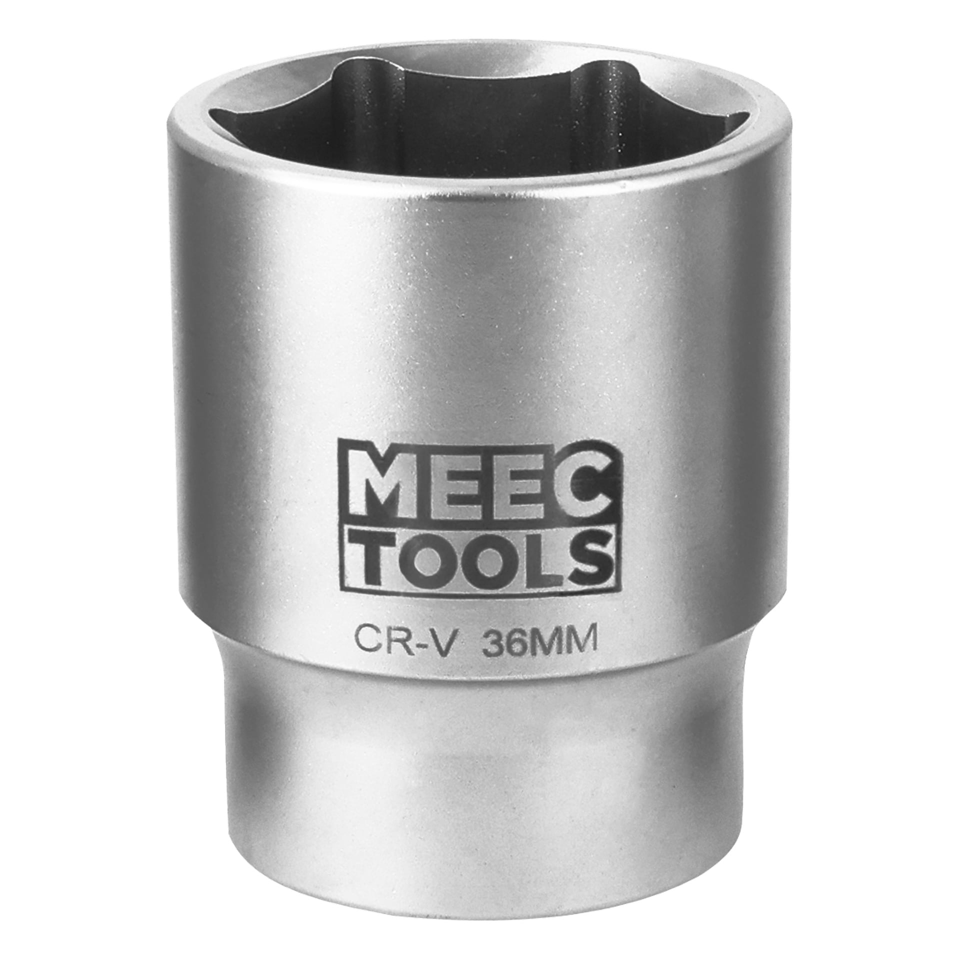 En silverfärgad Meec Tools-hylsa med svart innerfoder märkt CR-V 36MM, designad för användning med spärrnyckel eller hylsnyckel.