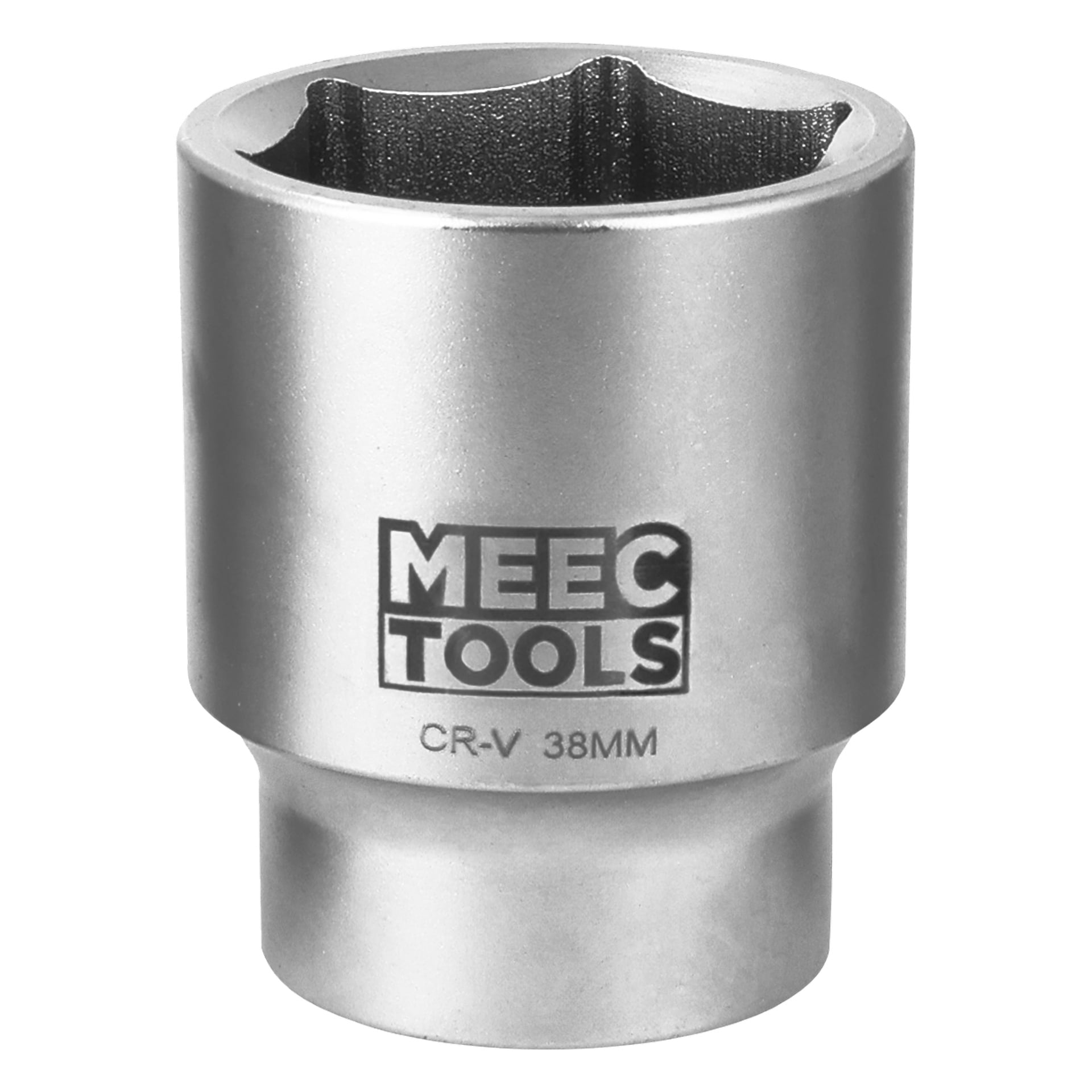 En silverfärgad Meec Tools-hylsa har en 38 mm sexkantad öppning och är märkt "MEEC TOOLS CR-V 38MM" längs sidan.