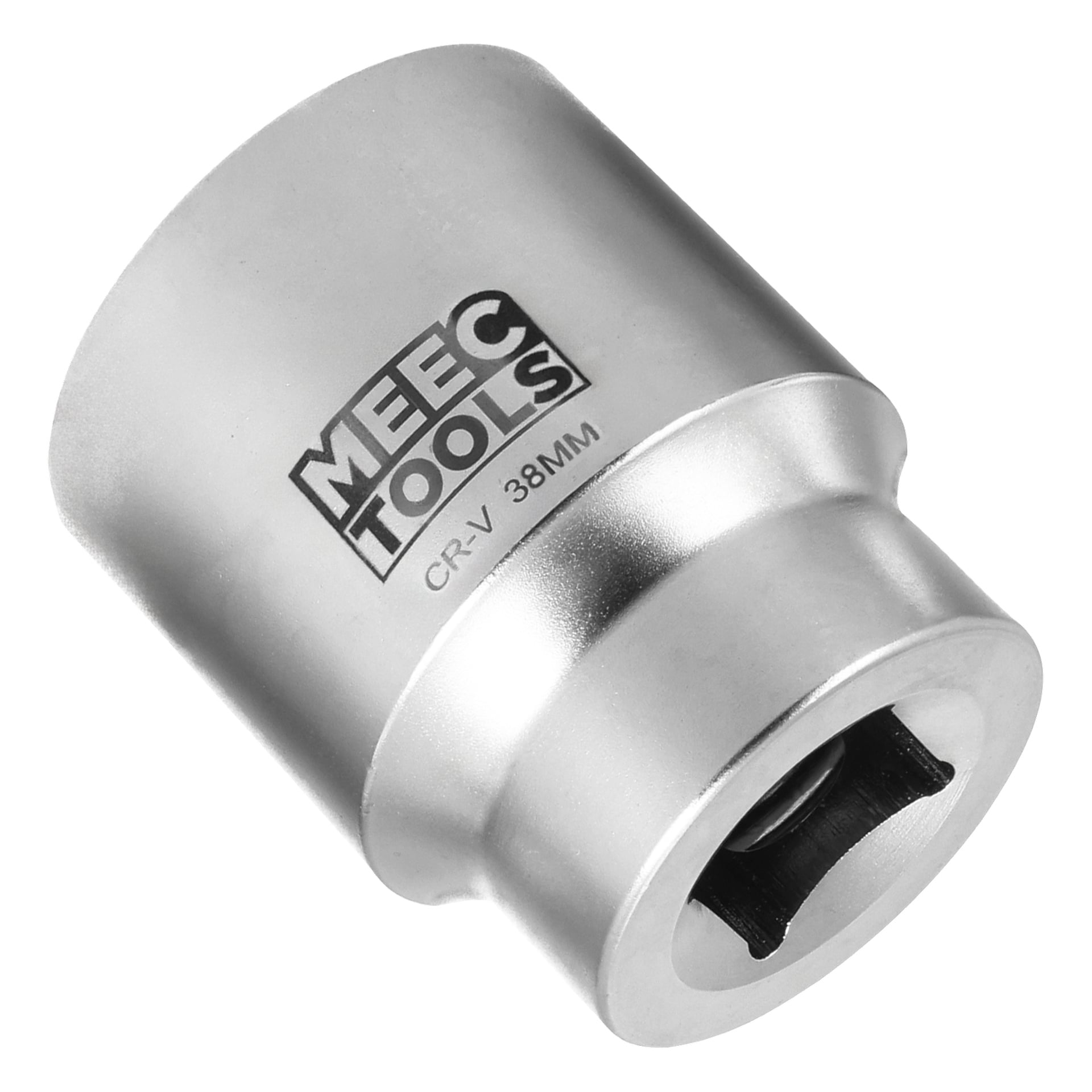 En närbild på en silverfärgad Meec Tools-hylsa märkt CR-V 38MM, med en sexkantig öppning och en fyrkantig drivning.