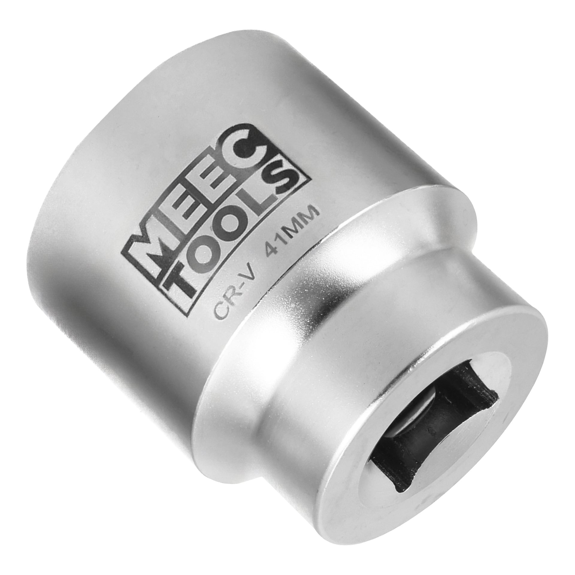 En silverfärgad Meec Tools-hylsa märkt CR-V 41MM, avsedd för att användas med spärr eller skiftnyckel för att dra åt eller lossa fästen.