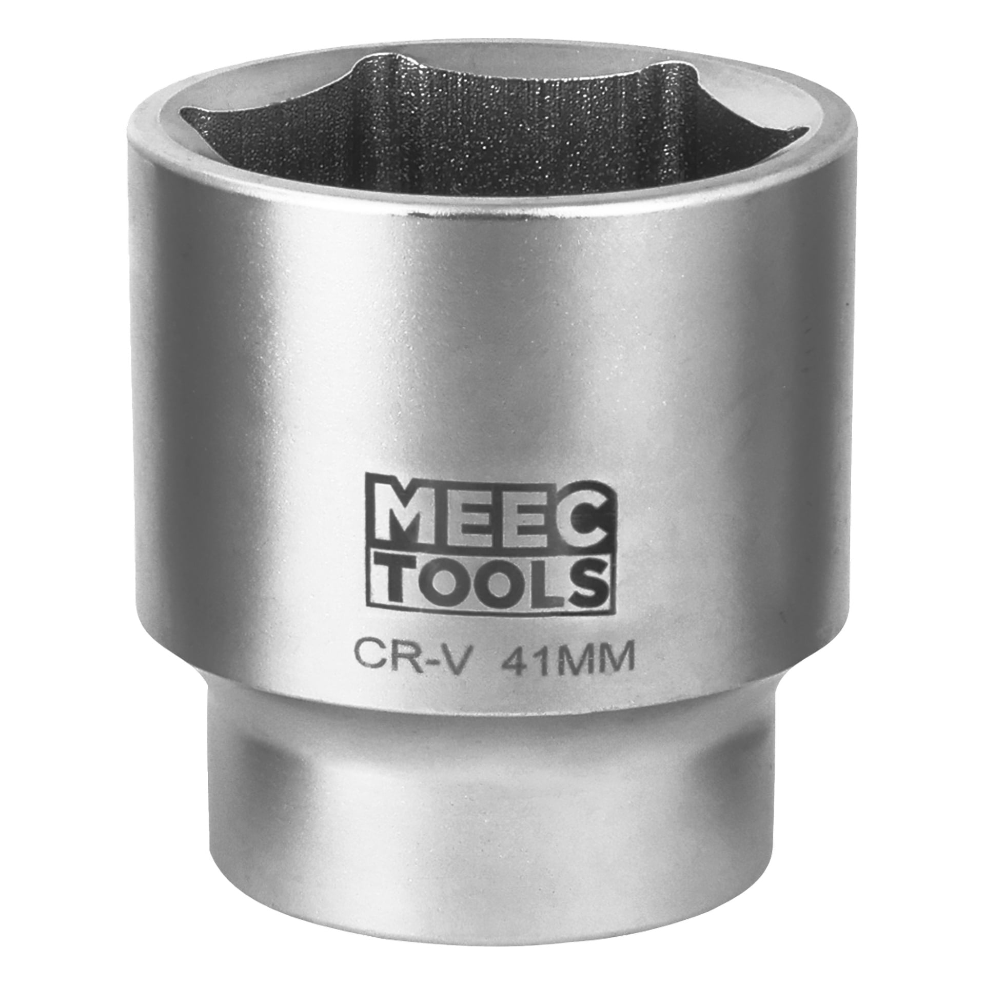 Närbild av en silverfärgad Meec Tools-hylsa märkt CR-V 41MM, som visar dess hexagonala öppning och släta metallyta.