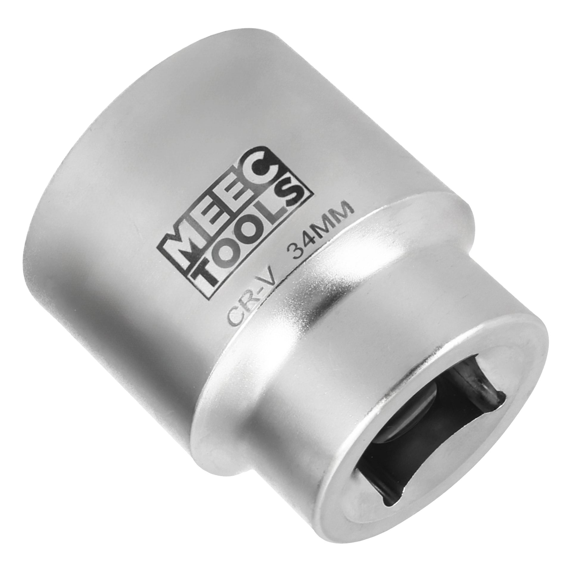 Ett silverfärgat 34 mm CR-V Meec Tools-hylssa, kompatibelt med spärrhjul eller skiftnycklar.