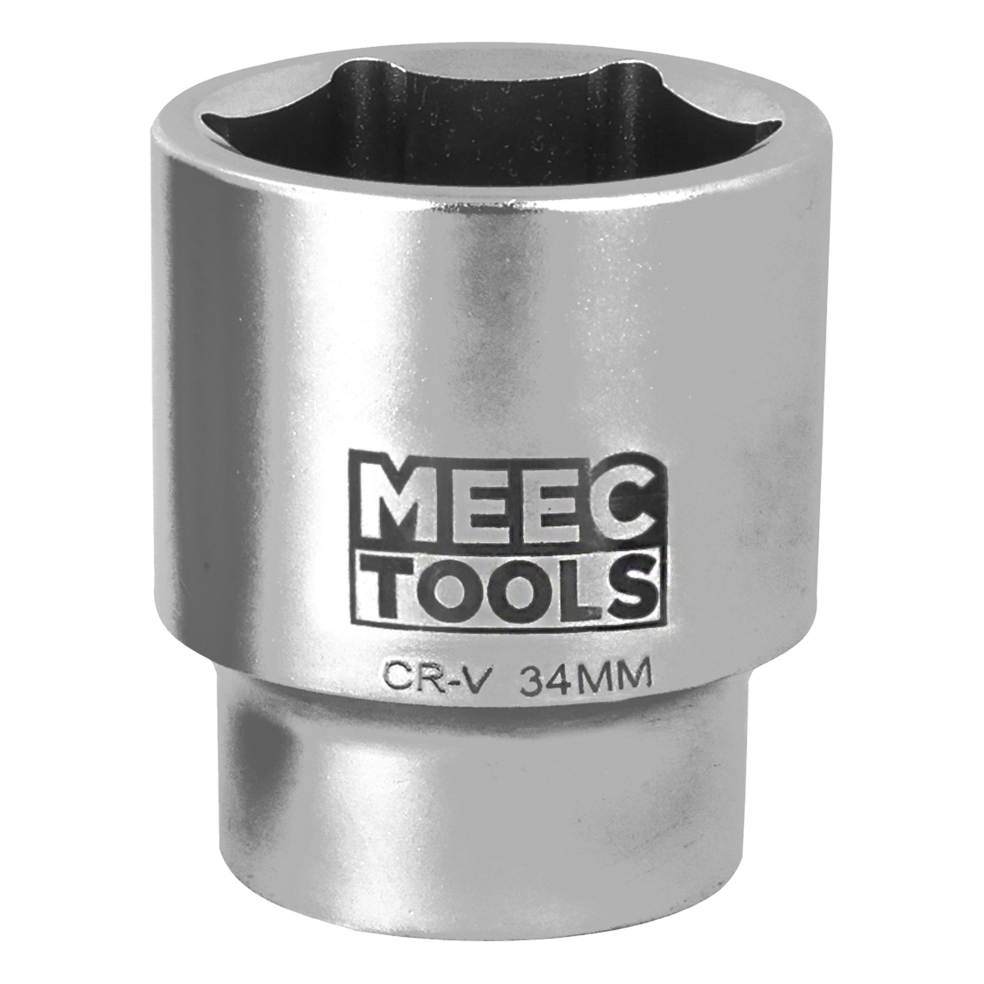 En kromad Meec Tools-hylsa med en hexagonall öppning och CR-V 34MM-märkning graverad längs sidan.