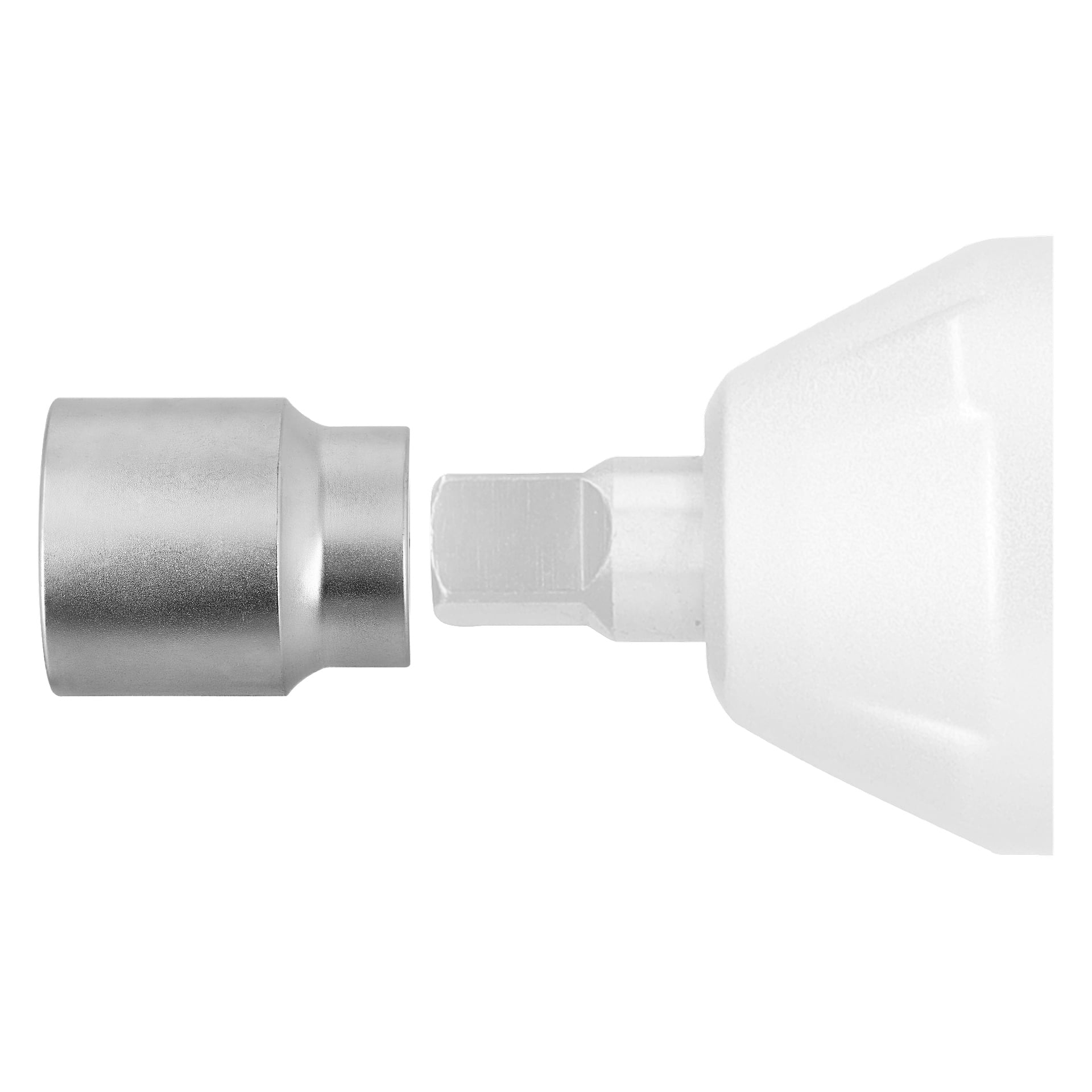 En närbild på en Meec Tools-hylsa som placeras för att passa den hexagonala spetsen på ett vitt elverktyg.