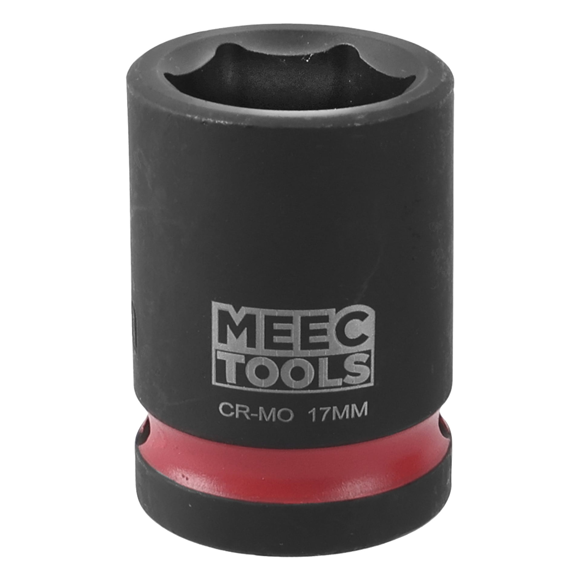 En svart MEEC Tools-hylsa med en röd ring vid basen och "CR-MO 17MM"-märkning. Toppen har en sexkantig öppning.