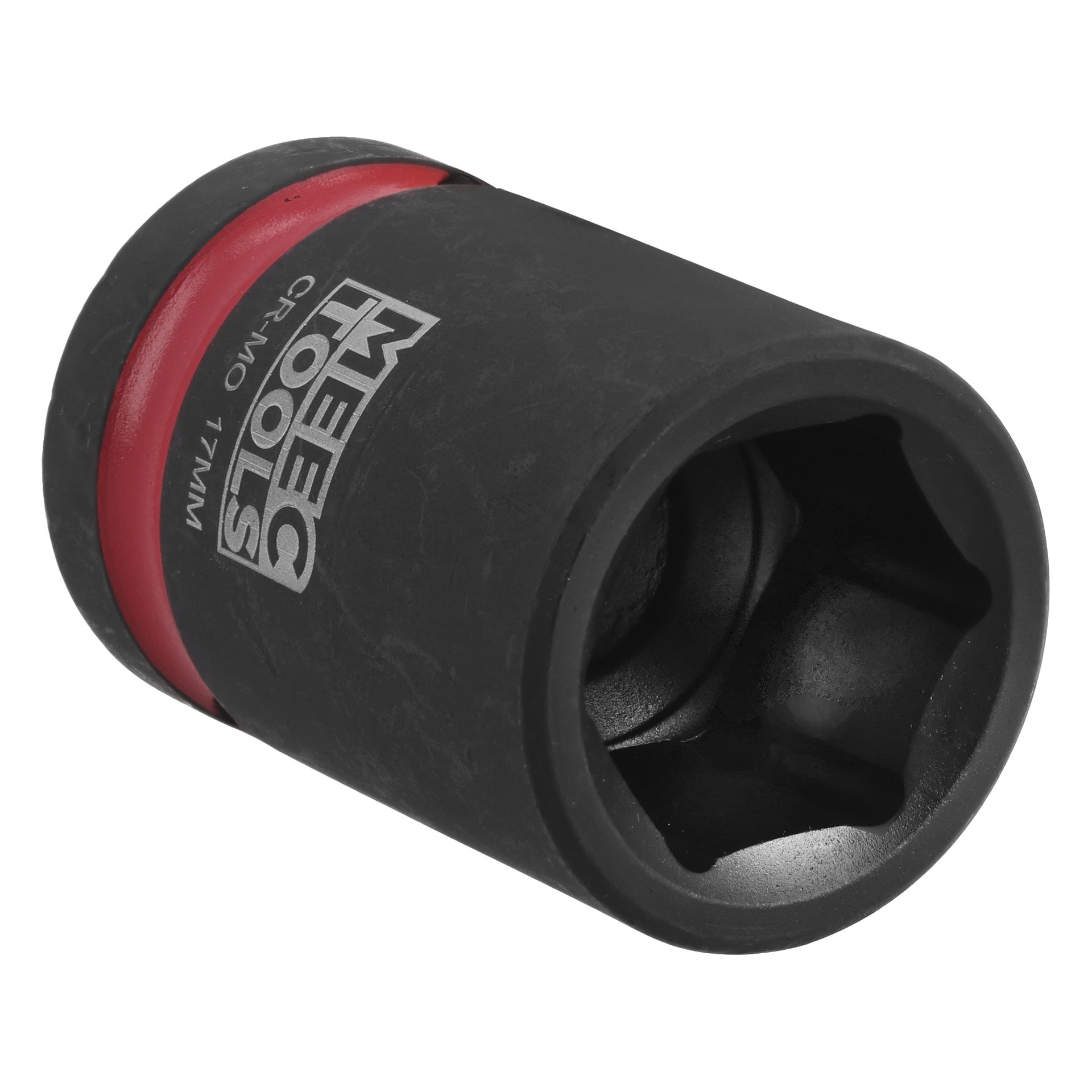 En svart 17 mm CR-MO-sockel med ett rött band i ena änden och märket MEEG TOOLS tryckt i vitt längs sidan.