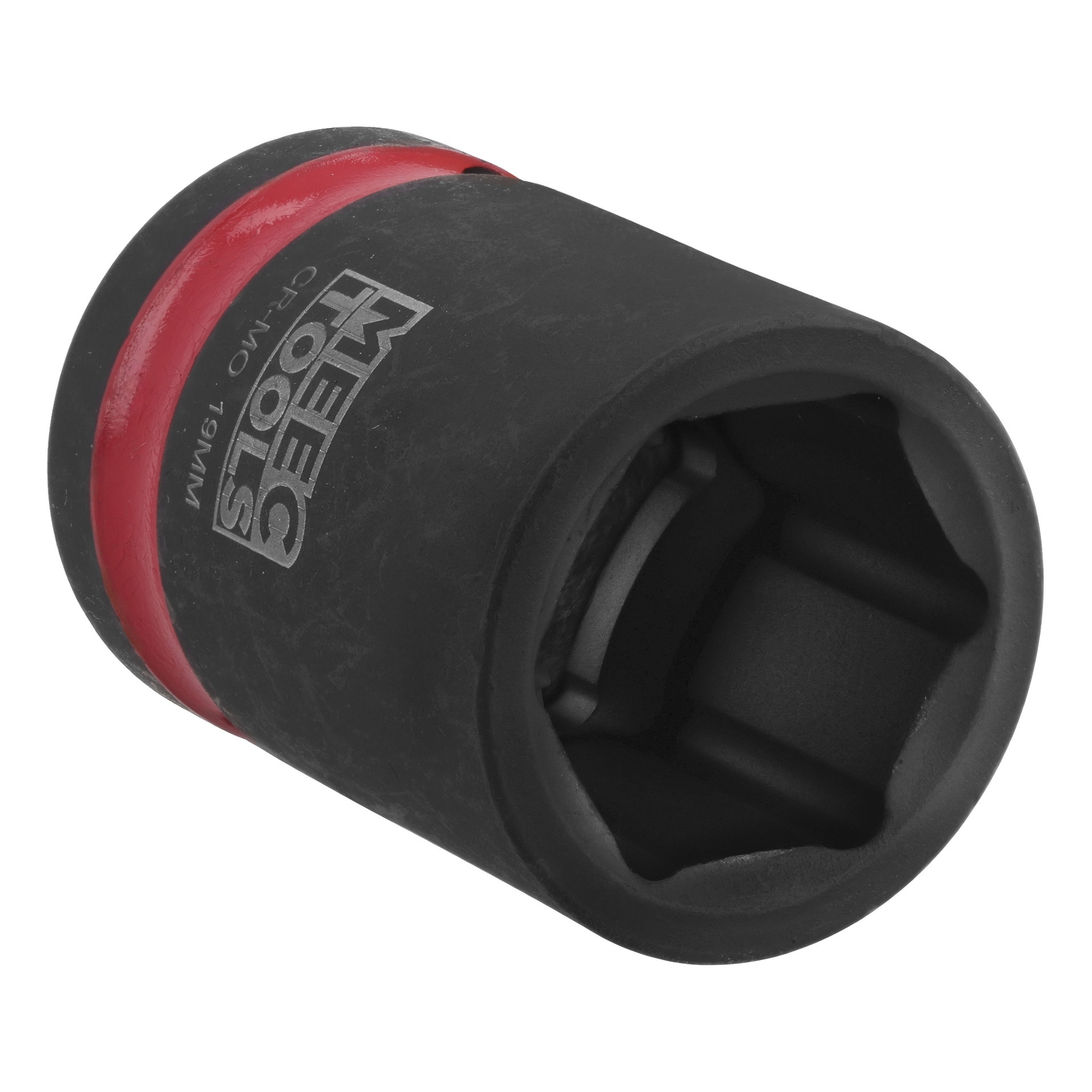En svart och röd slaghylsa vinklad för att avslöja dess hexagonala öppning, med Mech Tools och CR-MO 19MM markerade på sidan.