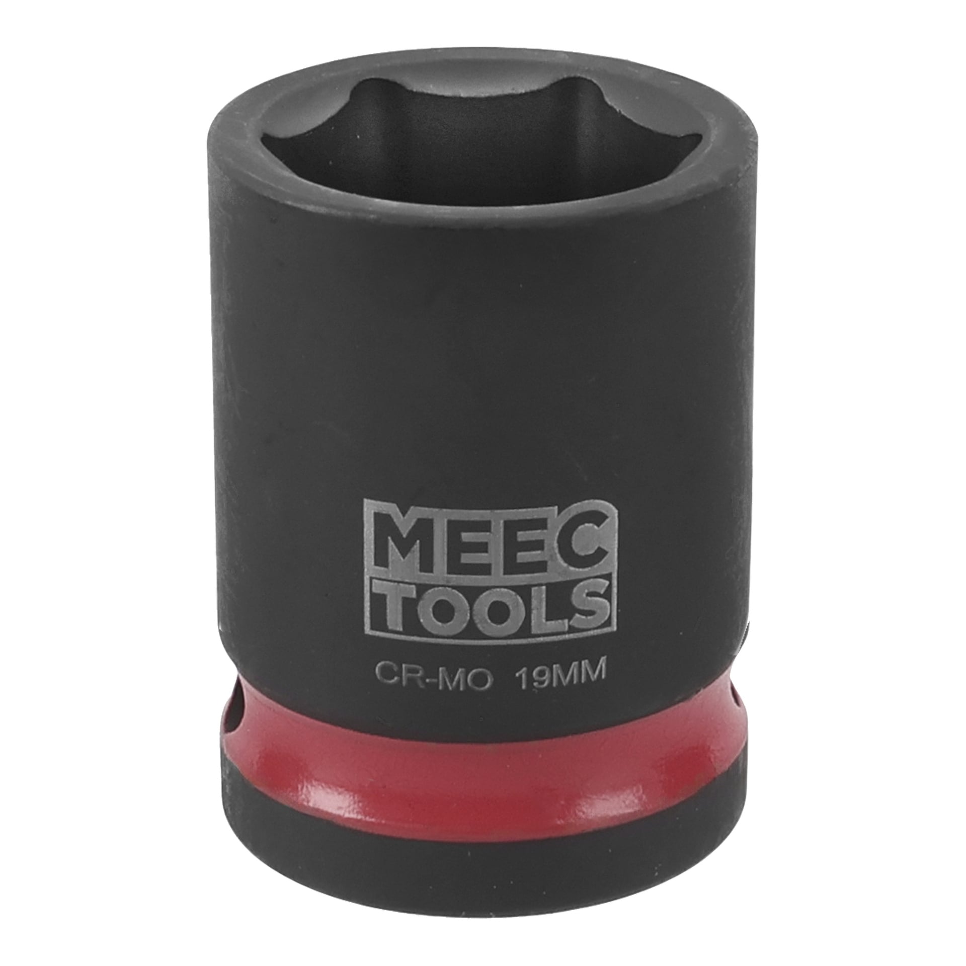 En svart MEEC Tools 19 mm hylsa med en röd ring vid basen och vita markeringar för märke och storlek.