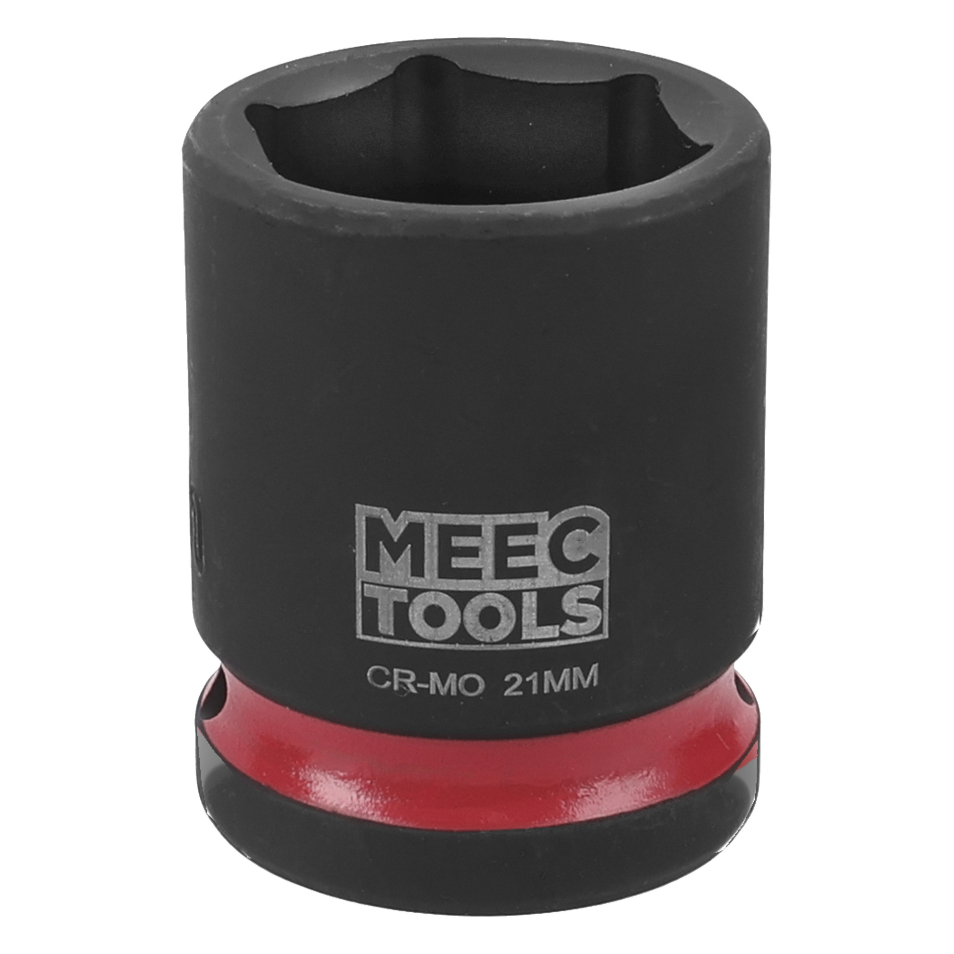 Svart MeeC Tools-hylsa med "CR-MO 21MM" och en röd ring nära basen, gjord för användning med hylsnyckel.