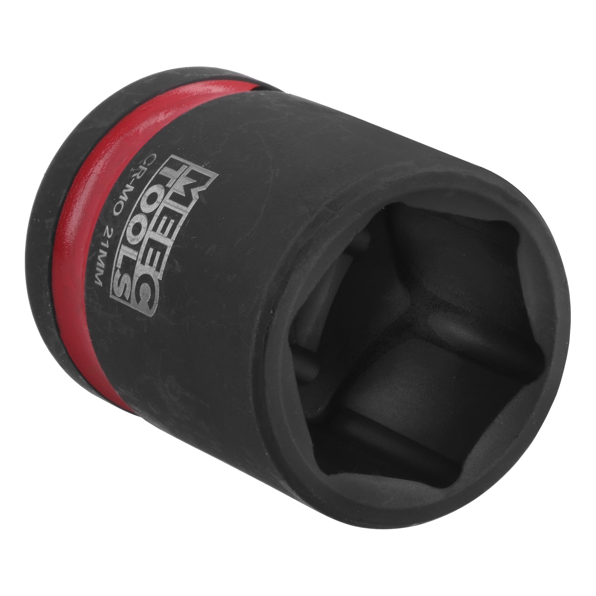 En svart Meec Tools 21 mm slaghylsa med en röd ring nära basen, som visas i en vinkel.