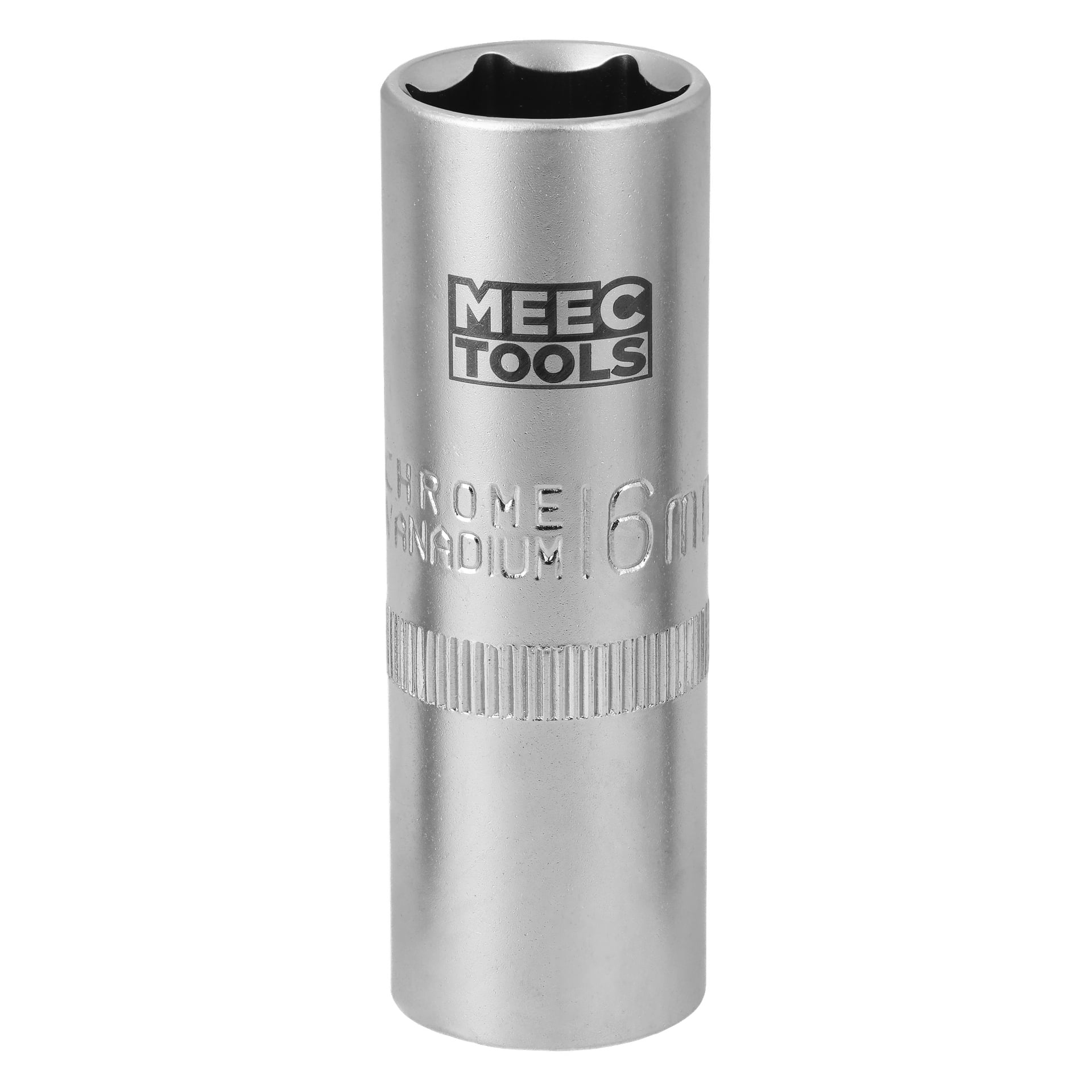 Ett kromat vanadium Meec Tools tändstiftsuttag med "16 mm" graverat på sidan, lämpligt för användning med hylsnycklar.
