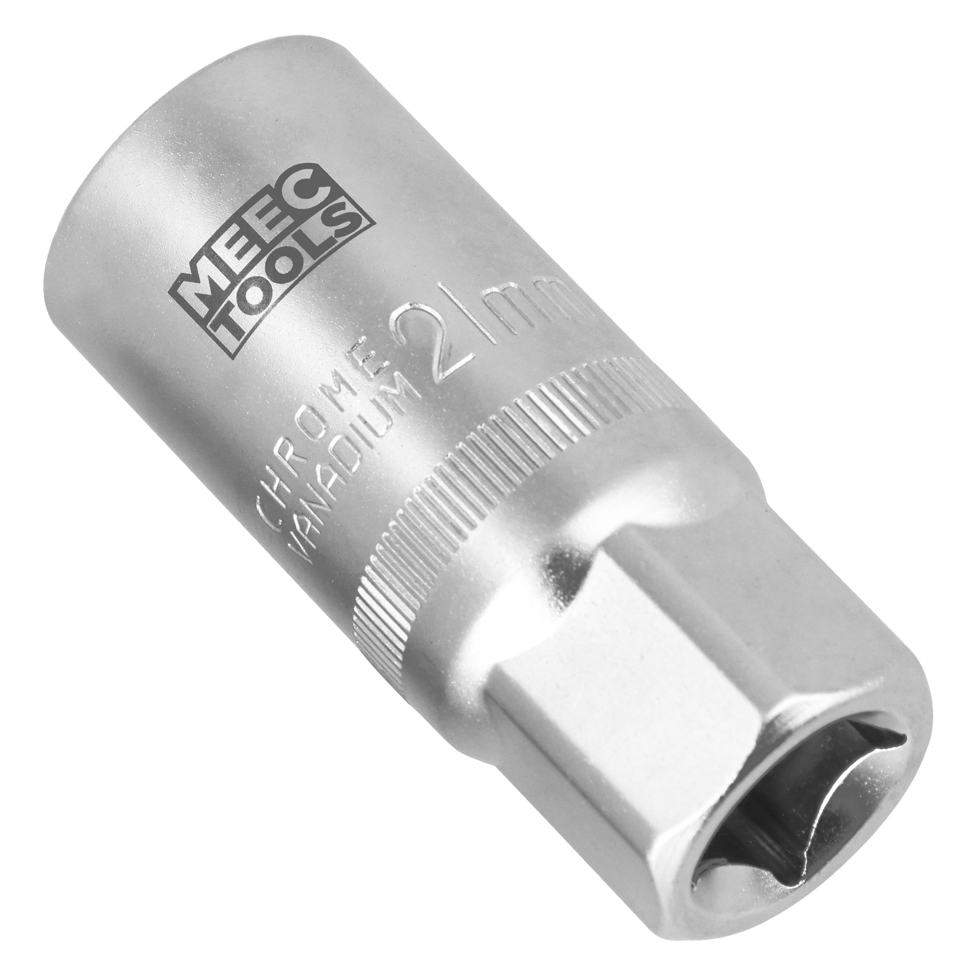 Ett 21 mm tändstiftsuttag från Meec Tools med räfflat grepp, tillverkat av kromvanadin för att vrida muttrar och bultar.