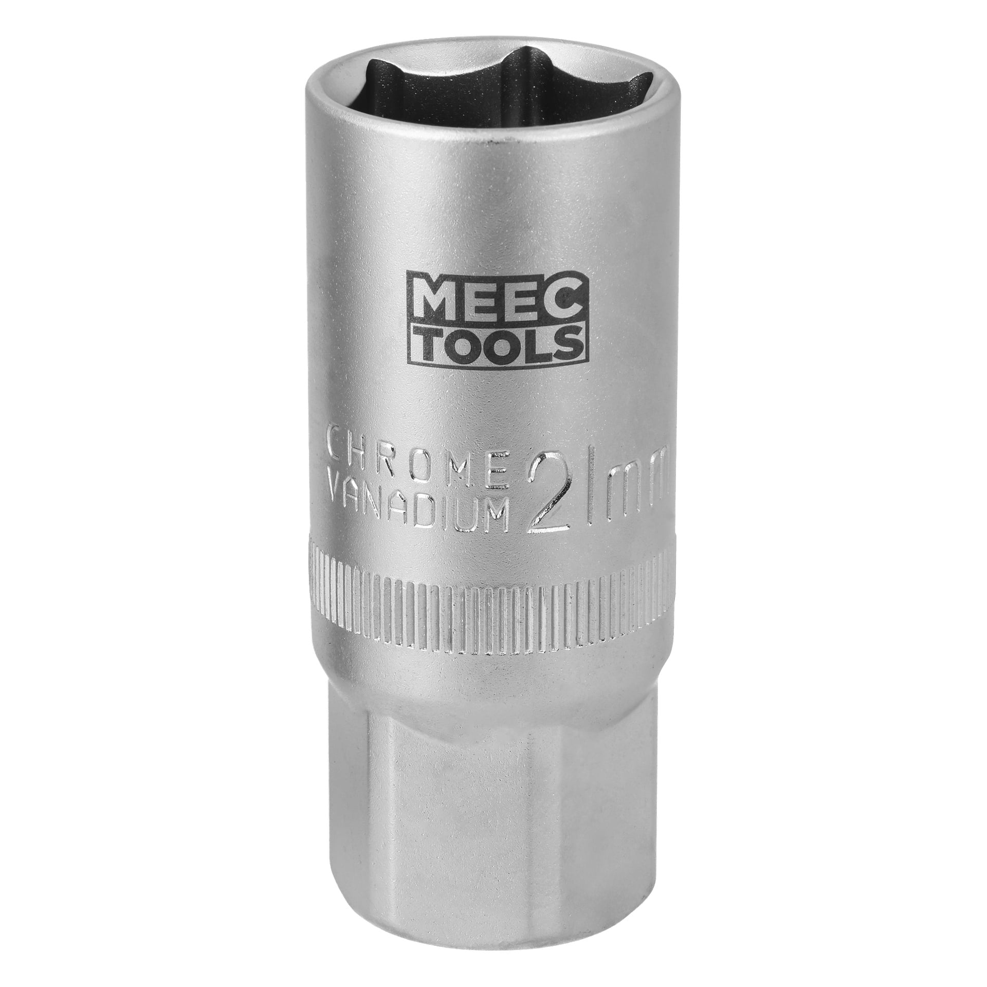 Ett Meec Tools tändstiftsuttag med märkningen "CHROME VANADIUM 21mm", silverkrom vanadin, tillverkat för 21 mm hylsnycklar.