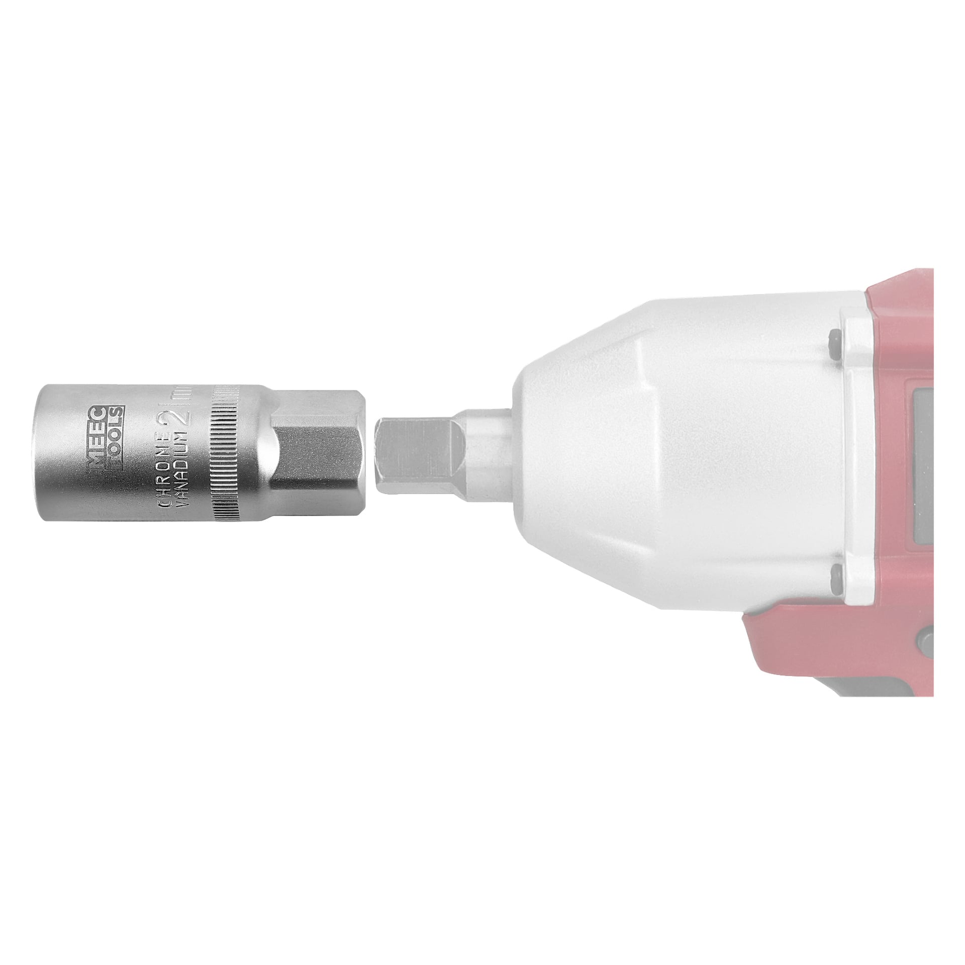 Närbild på ett tändstiftsuttag från Meec Tools på en slagnyckel, med ett uttag delvis monterat på adaptern och en blekt bakgrund.