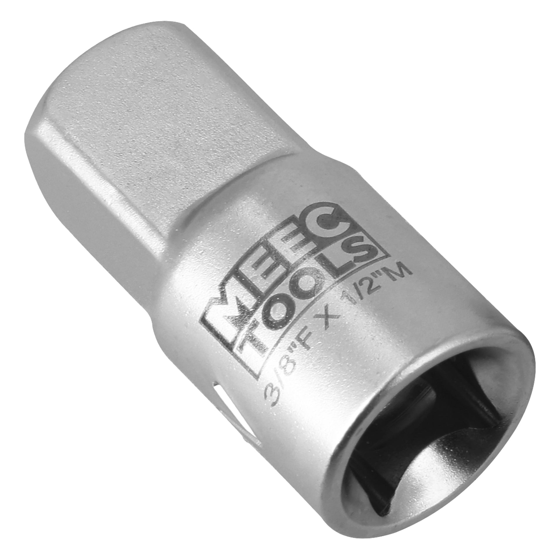Sølvfarget Meec Tools-adapter merket "3/8 F x 1/2 M," sekskant, firkantet driv, ren og ubrukt med synlig merke.