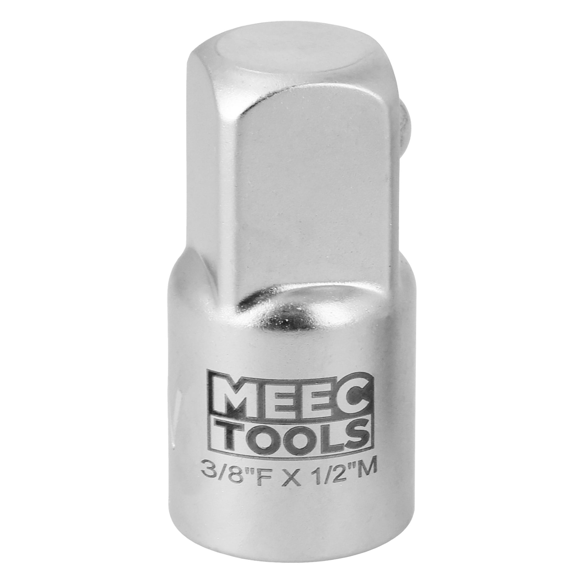 En Meec Tools metalladapter merket "3/8F x 1/2M," brukt til å koble til kontakter i ulike størrelser.