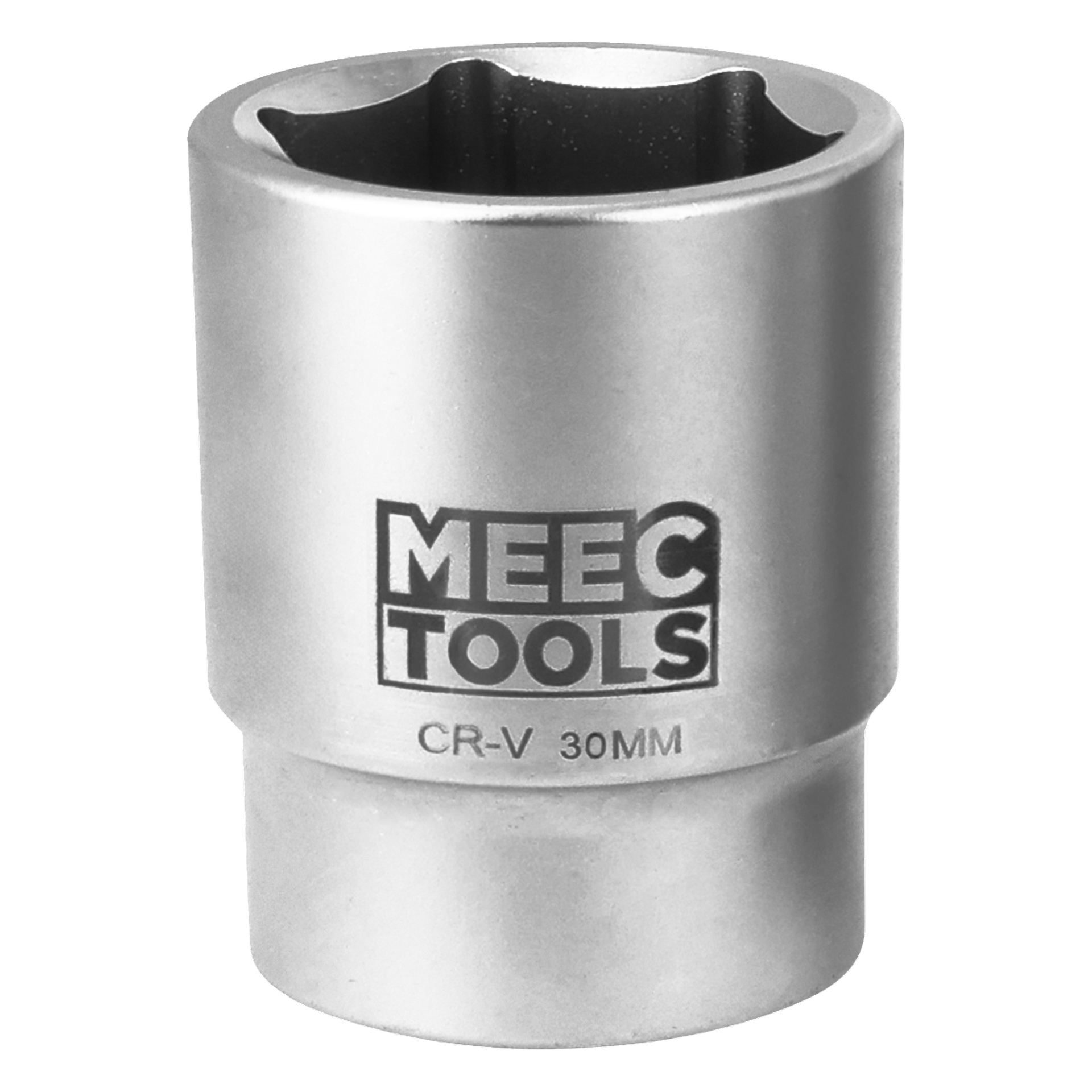 Ett silverfärgat Meec Tools-hylsa märkt CR-V 30MM står upprätt.