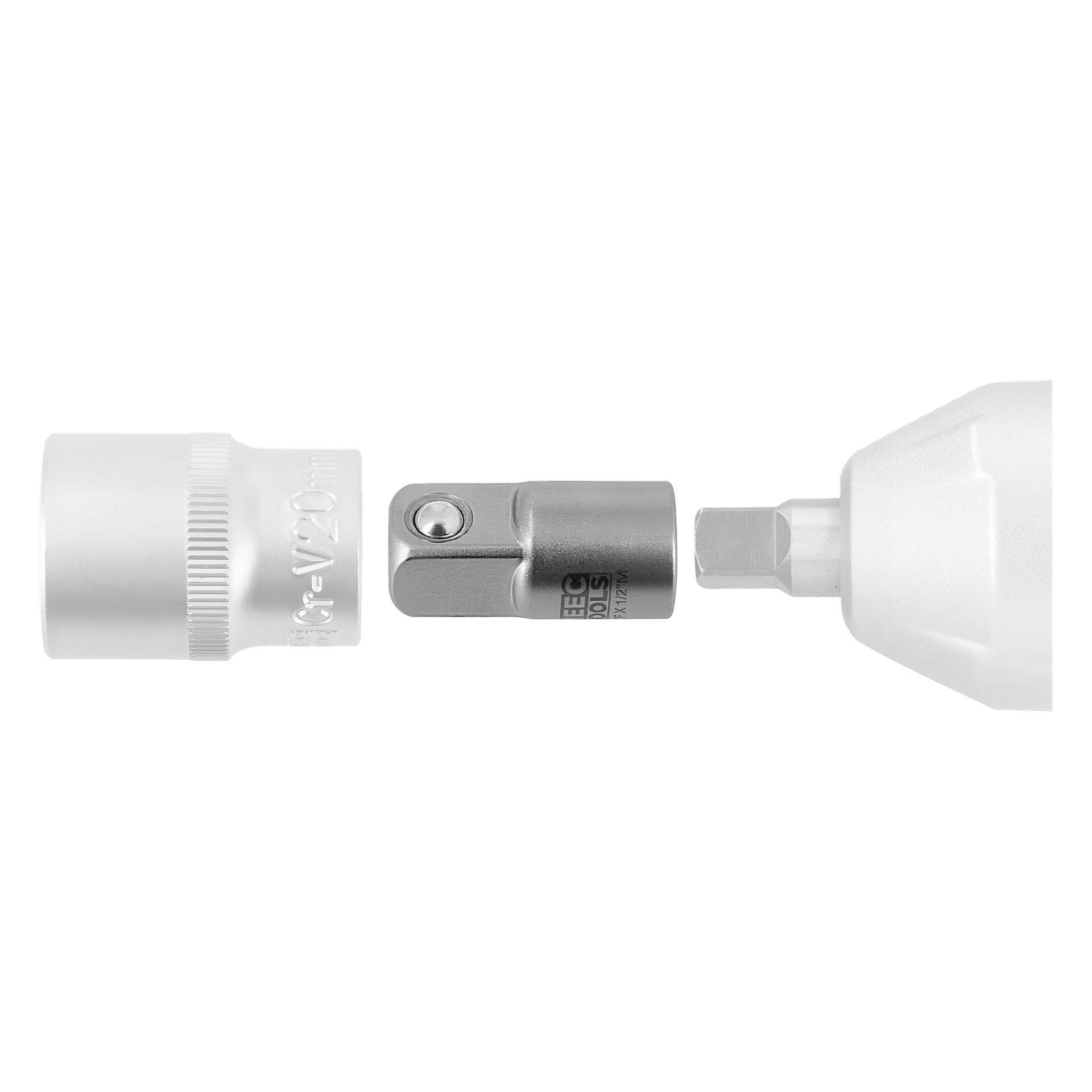 Nærbilde av et Meec Tools Adapter-sett som viser en pipe, en metalladapter med Meec Tools-etikett og enden av det elektriske verktøyet, alle på linje.