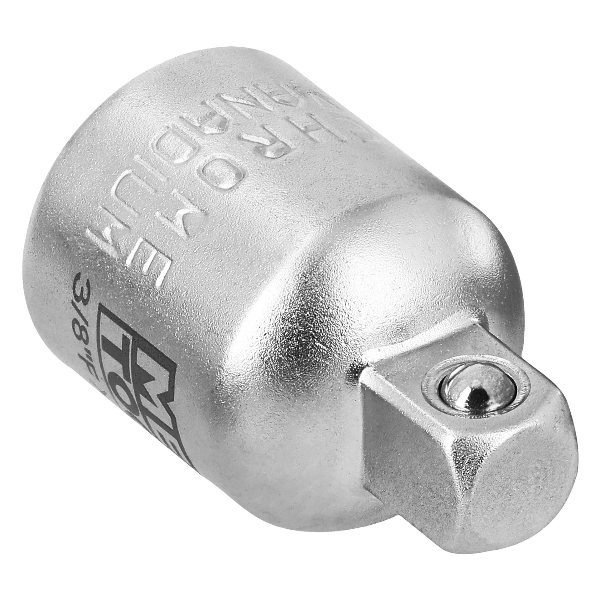 Närbild på en Meec Tools Reducer med kromfinish, fyrkantig drivände, samt stansad märkning och storlek synlig på sidan.