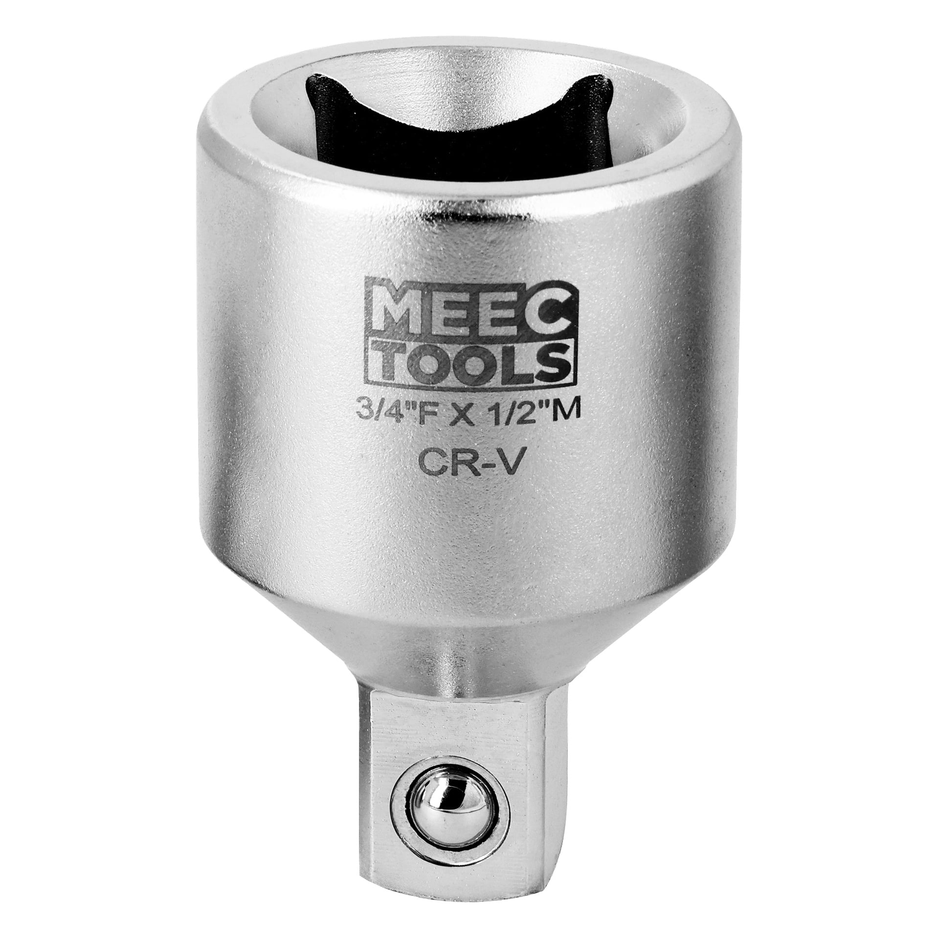 Srebrny reduktor Meec Tools oznaczony 3/4"F x 1/2"M CR-V, z kwadratowym końcem napędowym i kulkowym zamkiem łożyskowym u podstawy.