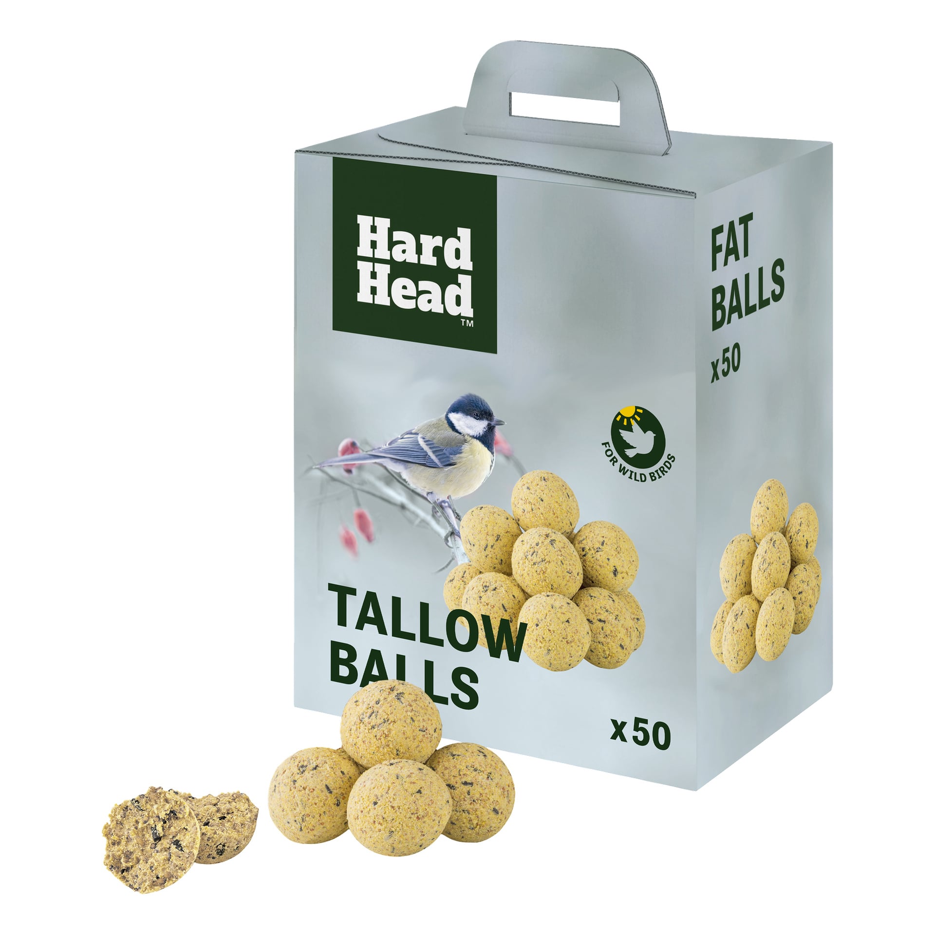 En låda med Hard Head Tallow Balls för vilda fåglar, med en fågel, flera fat balls och några bollar placerade bredvid paketet.
