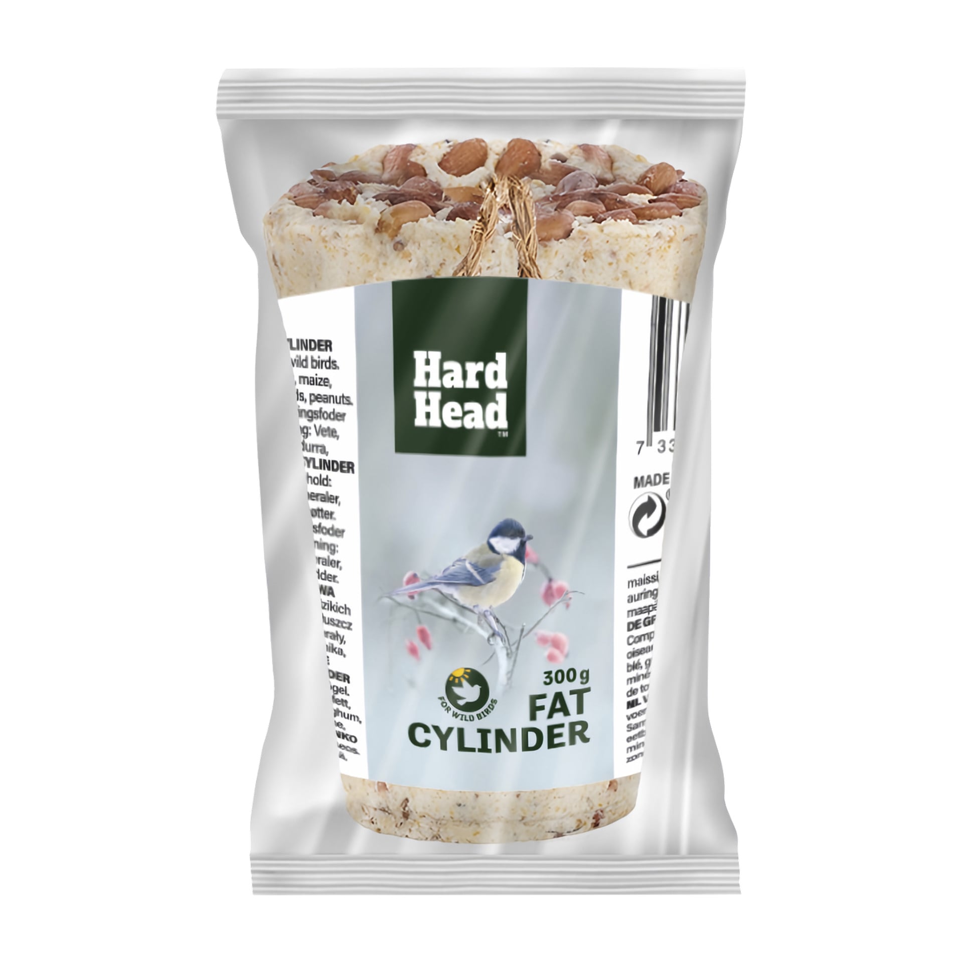 En 300g Hard Head talgcylinder för vilda fåglar, toppad med muttrar och inlindad i plast. Etiketten visar en fågelillustration.