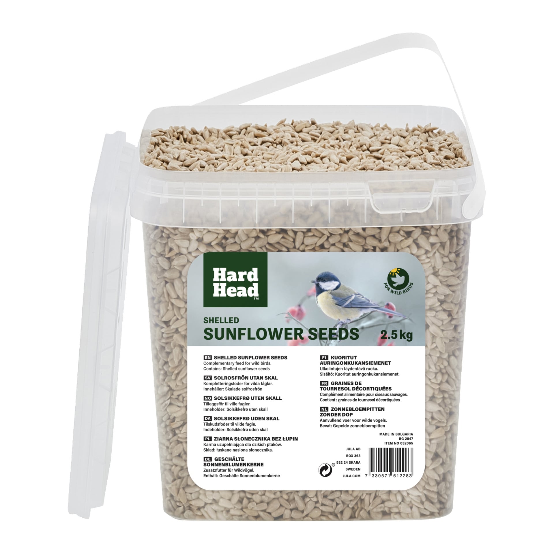 En genomskinlig plastbehållare med handtag, märkt Hard Head, rymmer 2,5 kg solrosfrön med skal. Etiketten visar en fågel och produktinformation.